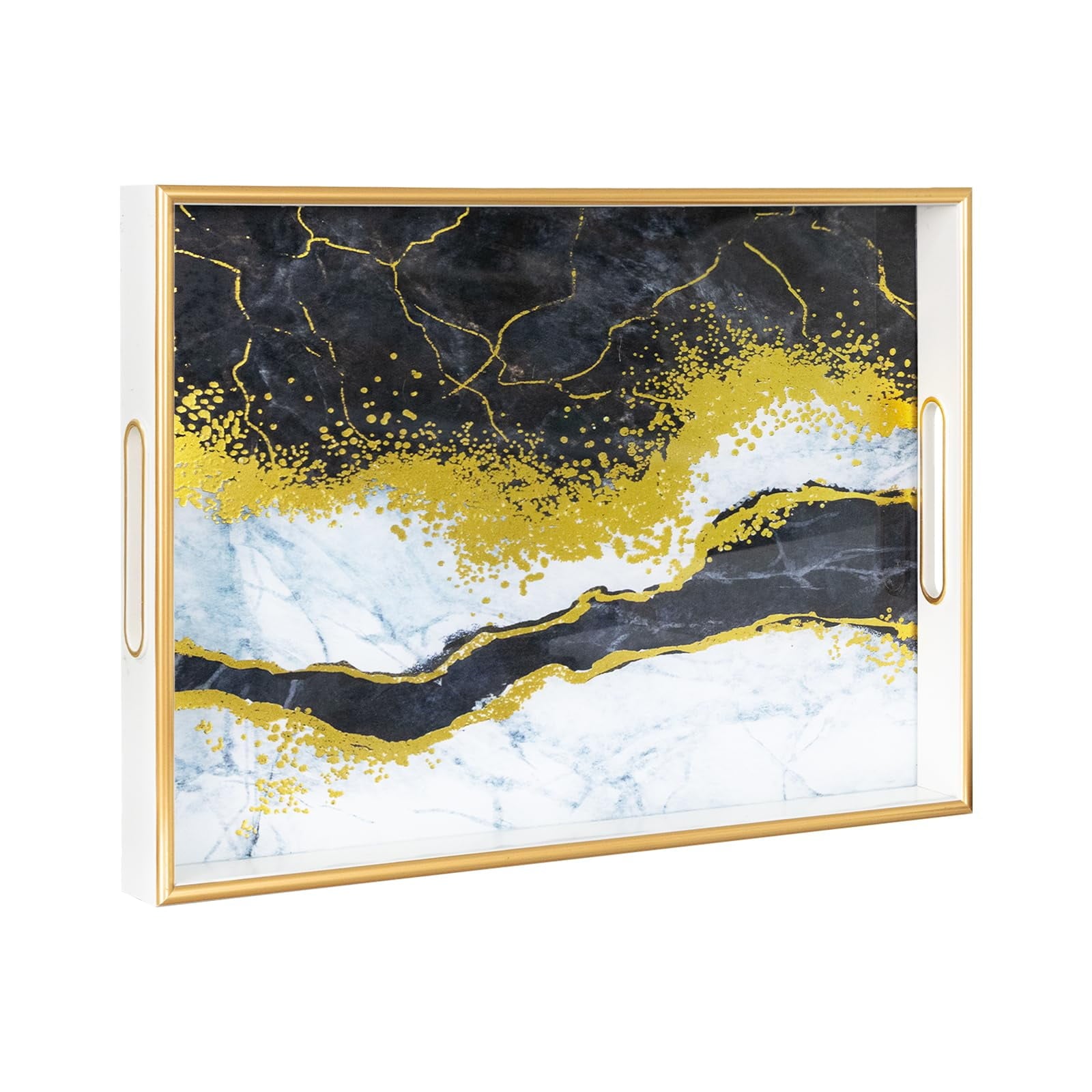 MAONAME White Decorative Tray, 15.7" X 11.8" Plastic Serving Tray with Handles, Printed Marble Glass Tray, Rectangular Tray for Coffee Table