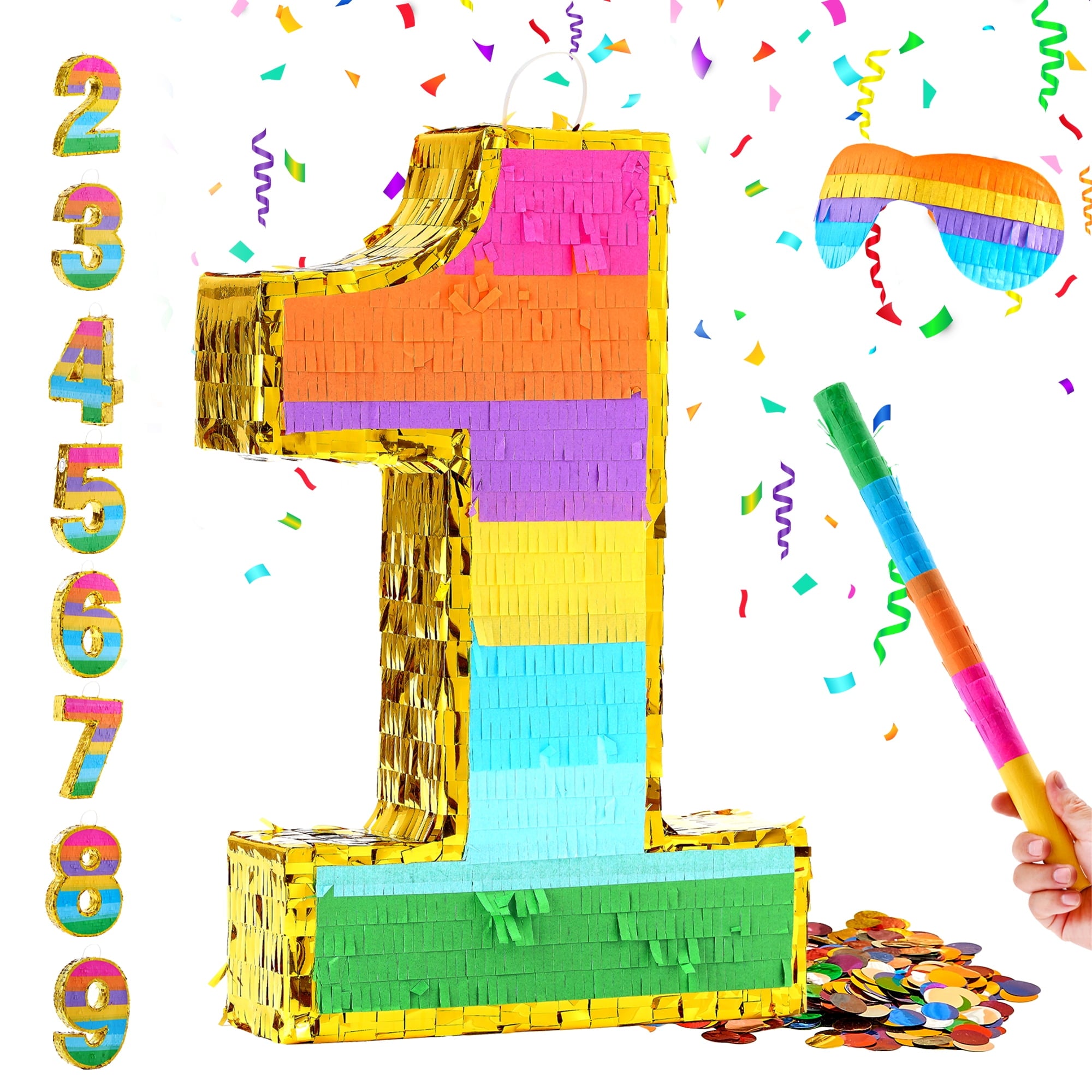 MKLZ Number 1 Pinata, Party Decoration with Blindfold, Stick and Confetti, Pinatas for Birthday Party ( Small, 16.5 x 11.5 x 3 In)