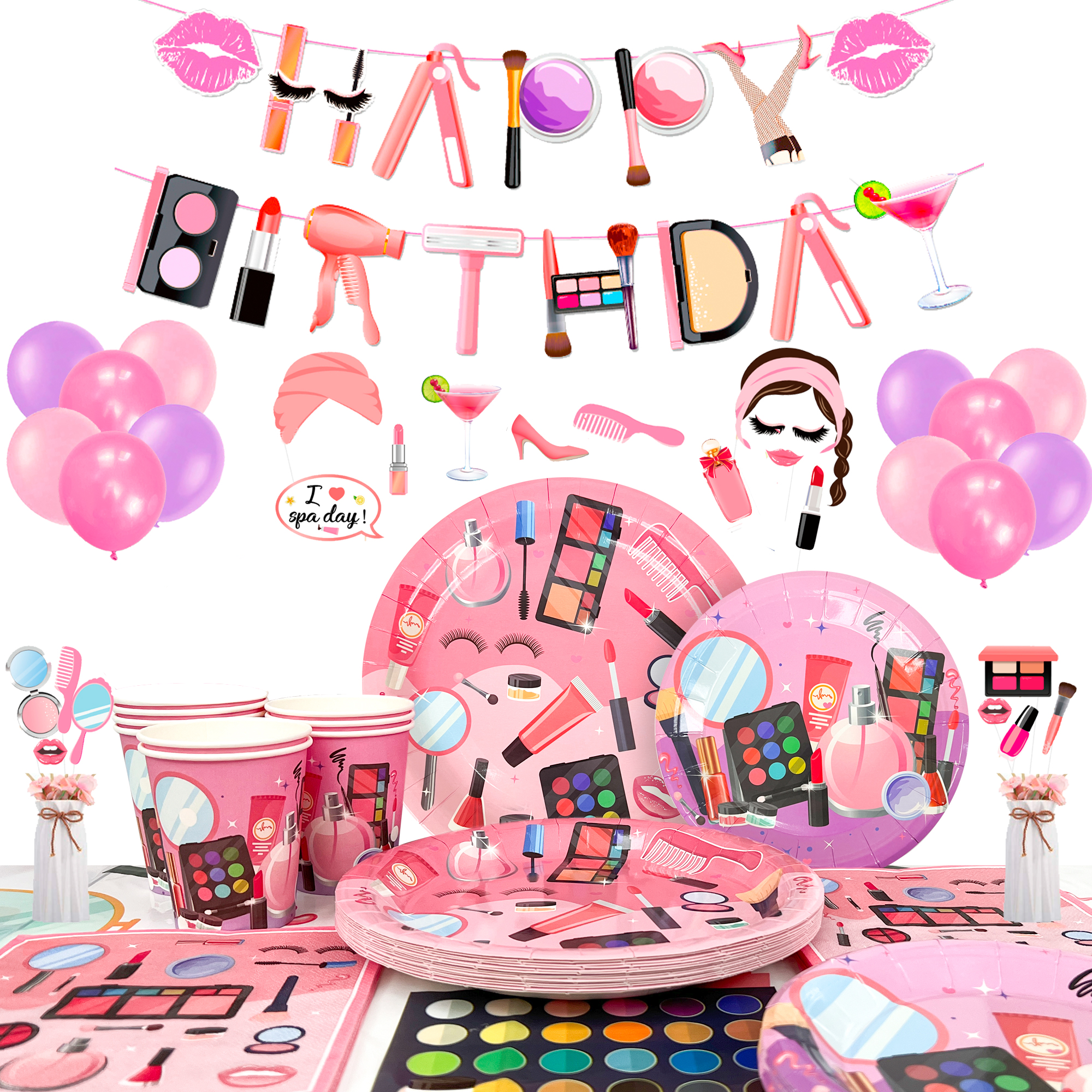 Makeup Birthday Party Supplies,Spa Party Decorations Set-Makeup Theme Party Decoration Plates Cups Napkins Banner Balloon Photo Booth Props etc Makeup Birthday Party Decorations for Girls Women