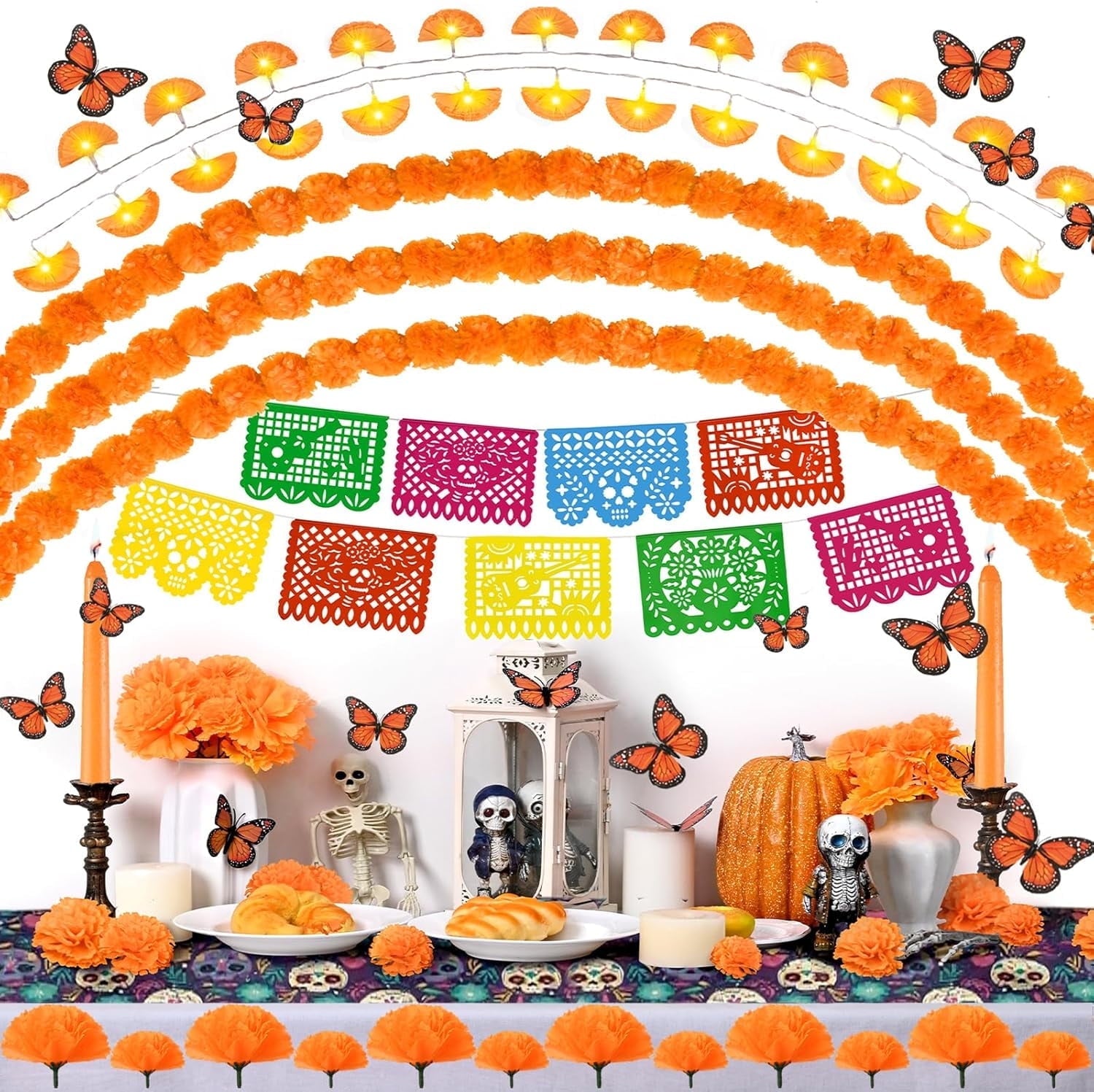 MARTINE MALL Day of The Dead Decor Light up Mexican Party Banners Butterflies Marigold Garlands for Diwali Dia De Los Muertos Decorations Indian Altar Halloween Home Decor