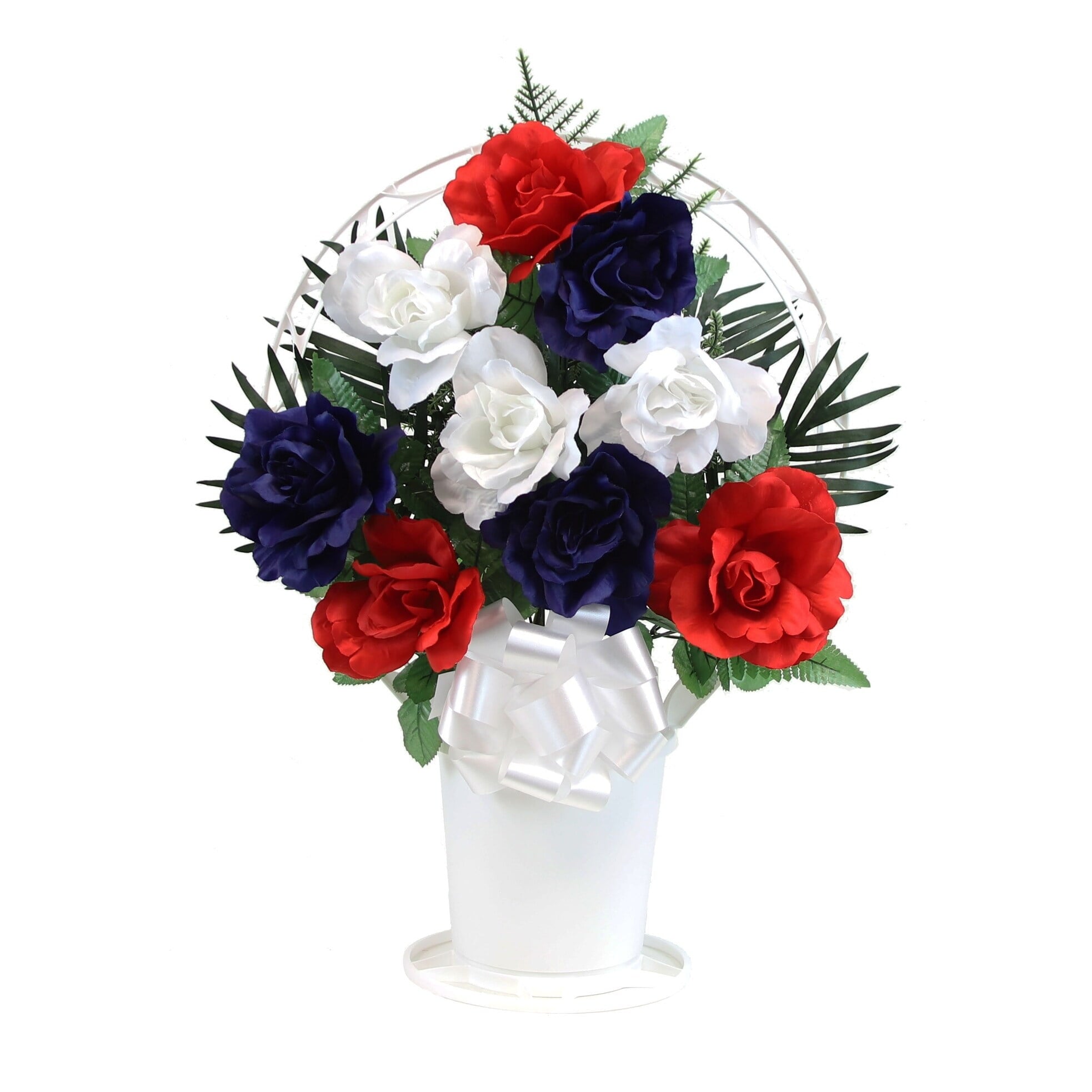 Memorial Large Rose Arrangement in Large, White Cemetery Hoop Basket with Handle - N/A Yellow, Red, White
