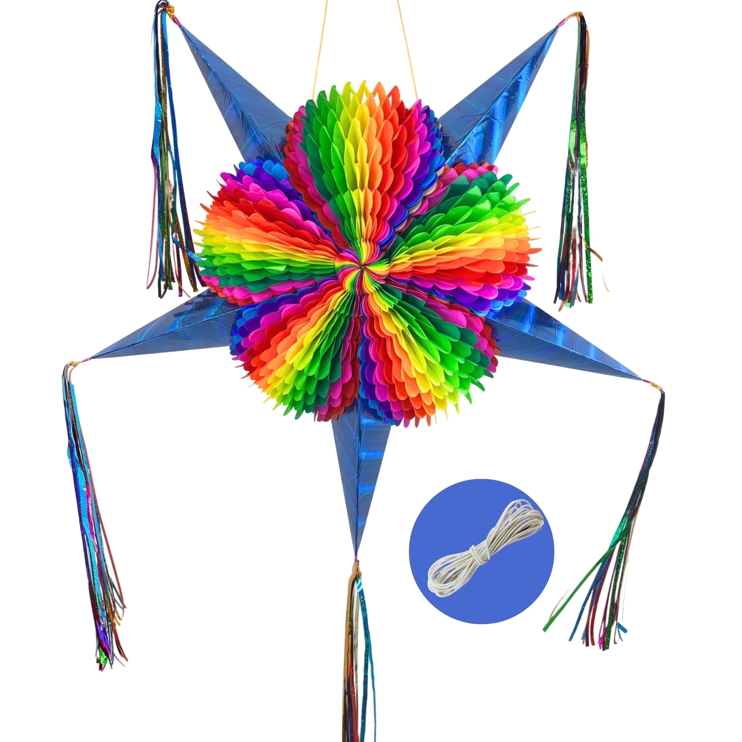 Extra Large 32" Pinata, Mexican Star with Gold Cones and 30-ft Rope - Handmade, Foldable Piñata for Birthday Parties and Mexican Fiestas