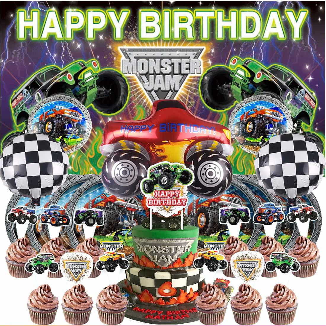 Monster Jam Party Supplies Decor Tableware Backdrop Banner Cake Topper Balloons Birthday Decorations
