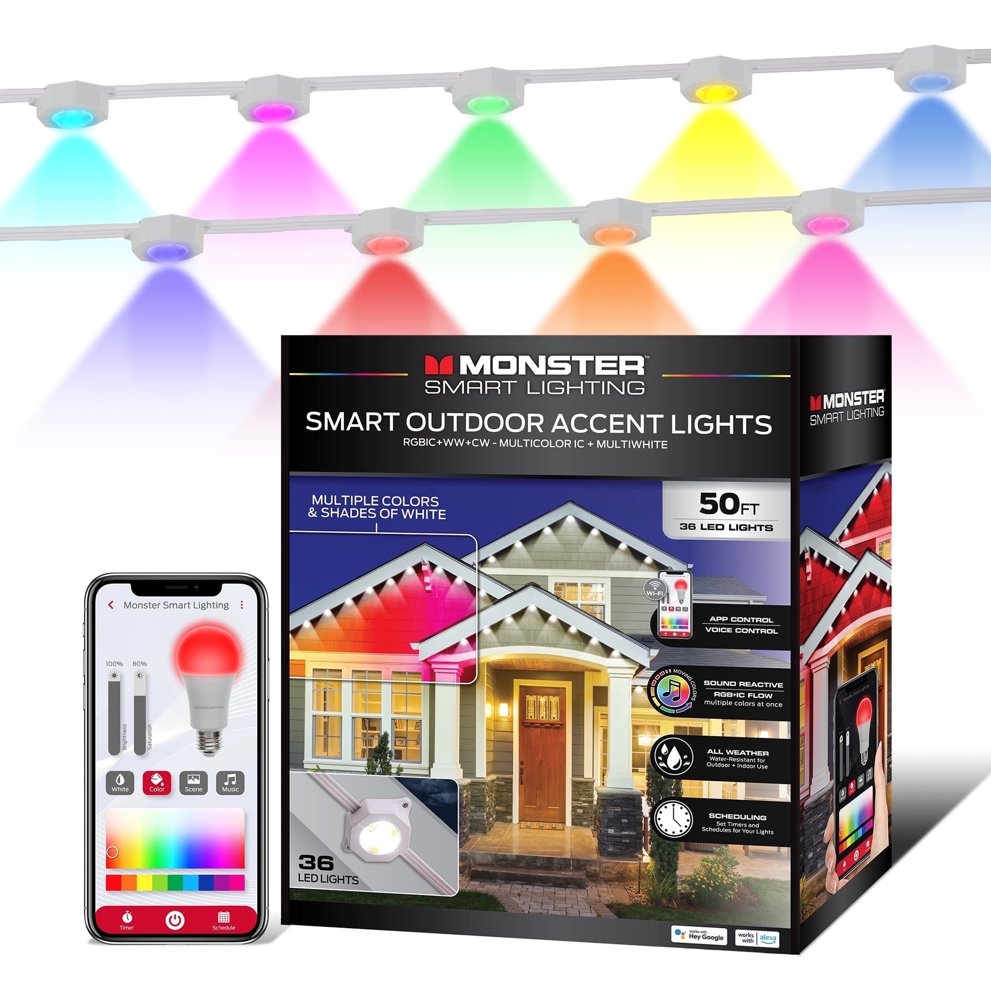 Monster Outdoor LED Smart Lights, RGBIC+ Multiwhite Permanent Outdoor Lights w/ Voice Control, 25ft