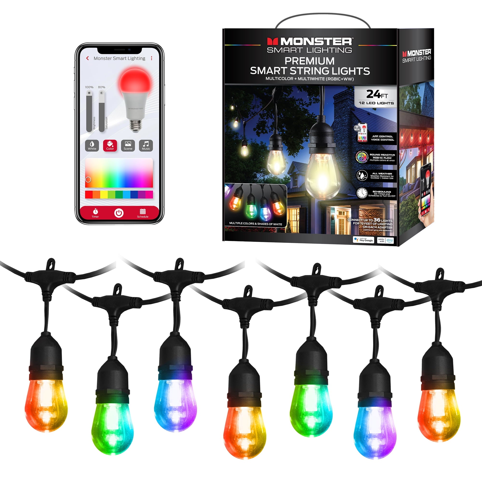 Monster Smart String Lights, Sound Reactive Outdoor String Lights w/ Voice Control, 24ft (12 Lights)