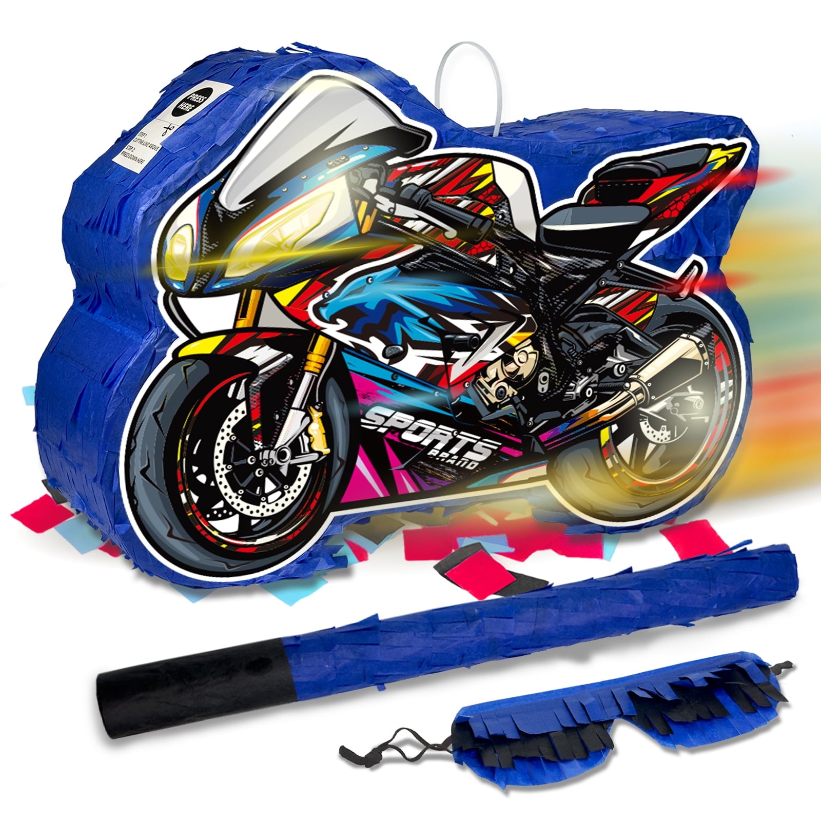 Motorcycle Pinata for Boys Birthday Party Supplies Cool Motorcycles Pinata with Stick and Blindfold for Boys Theme Party Decoration, Small Pinata Birthday Party Supplies