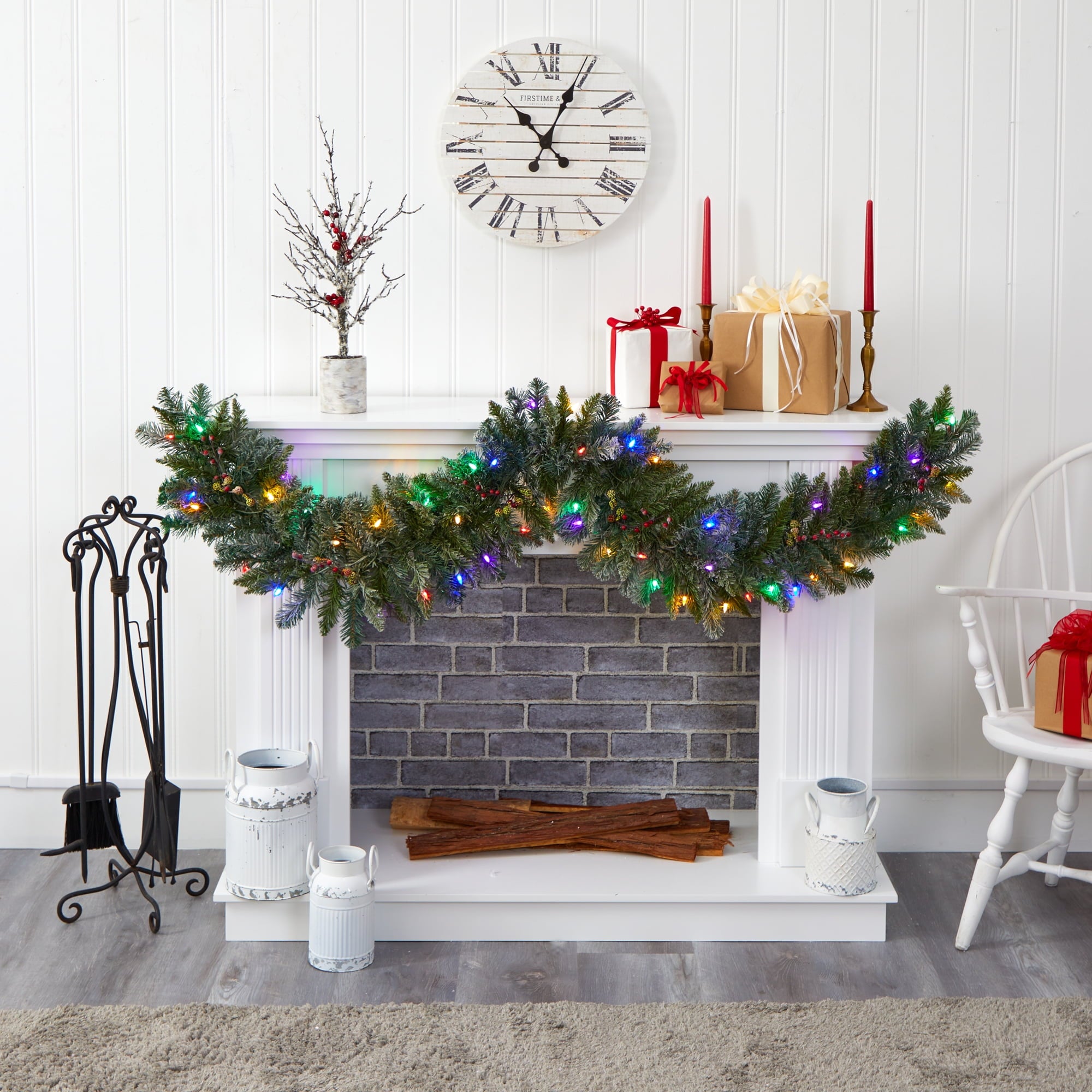 Nearly Natural 6' Flocked Artificial Christmas Garland with 50 Multicolored LED Lights and Berries