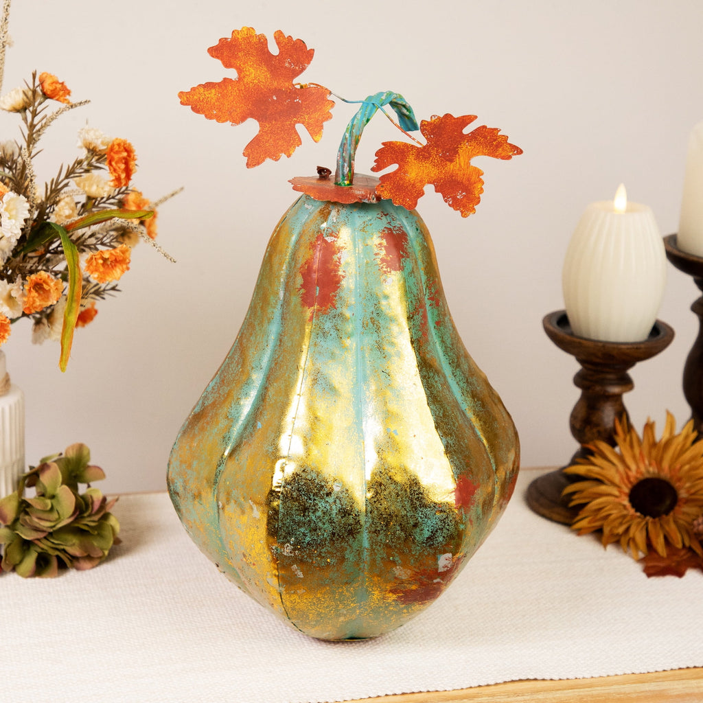 Northlight 14" Orange and Gold Elongated Autumn Pumpkin Metal Tabletop Decoration