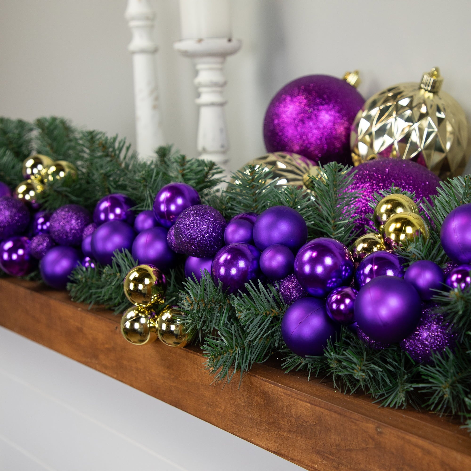 Northlight 3-Finish Shatterproof Ball Christmas Garland - 6' x 3.5" - Purple - Unlit