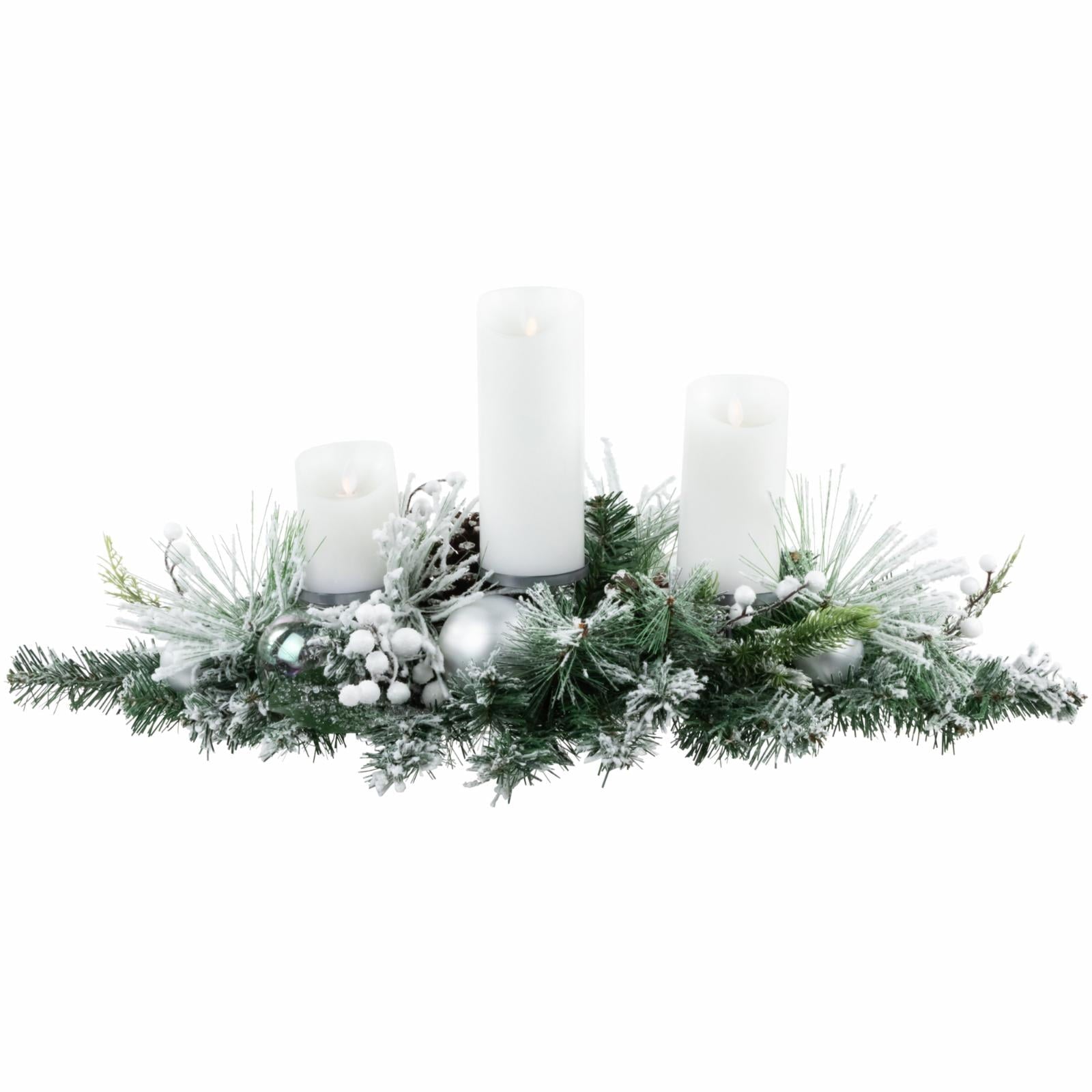 Northlight 30" Green Flocked Pine Triple Candle Holder and Iridescent Christmas Ornaments