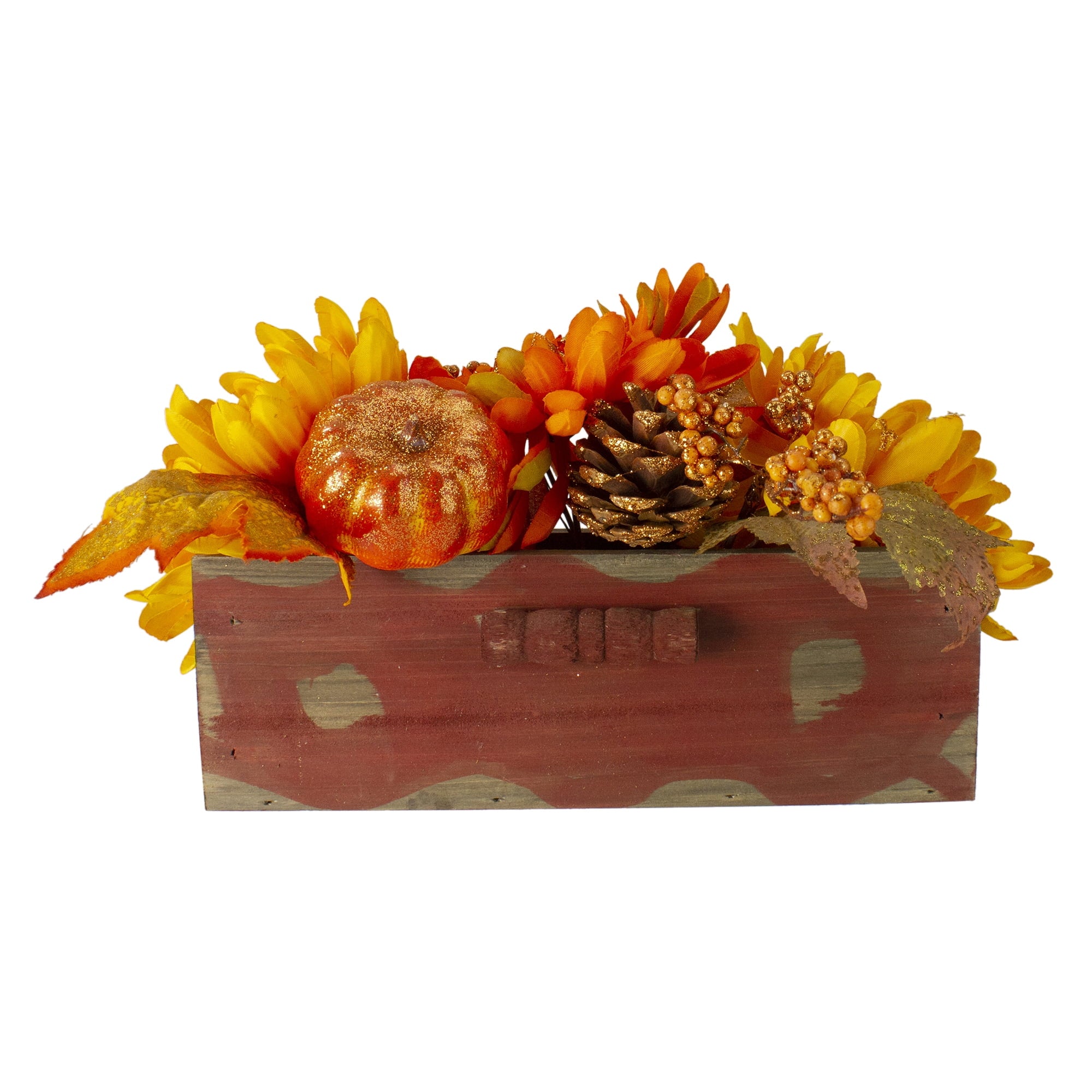 Northlight Autumn Harvest Glitter Floral Arrangement in Rustic Wooden Box Centerpiece - 14"