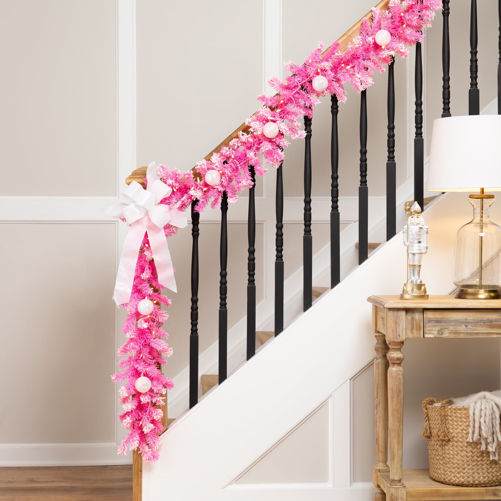 Northlight Pre-Lit Artificial Flocked Pine Christmas Garland - 9' - Pink - Clear Lights