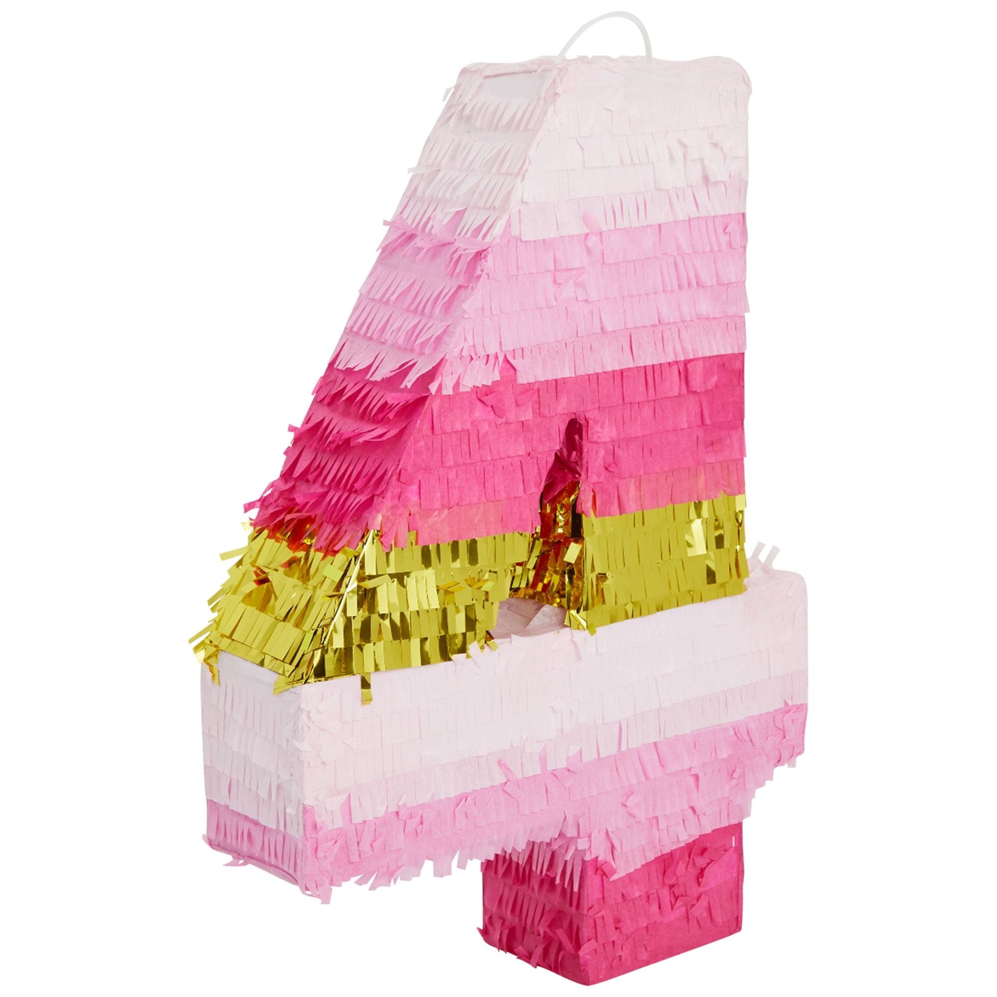 BLUE PANDA Number 4 Pinata, Pink and Gold Foil for Kids Ages 3-14 Birthday Party Decoration, Fiesta, Anniversary Celebration, Small (16.5 x 11 In)