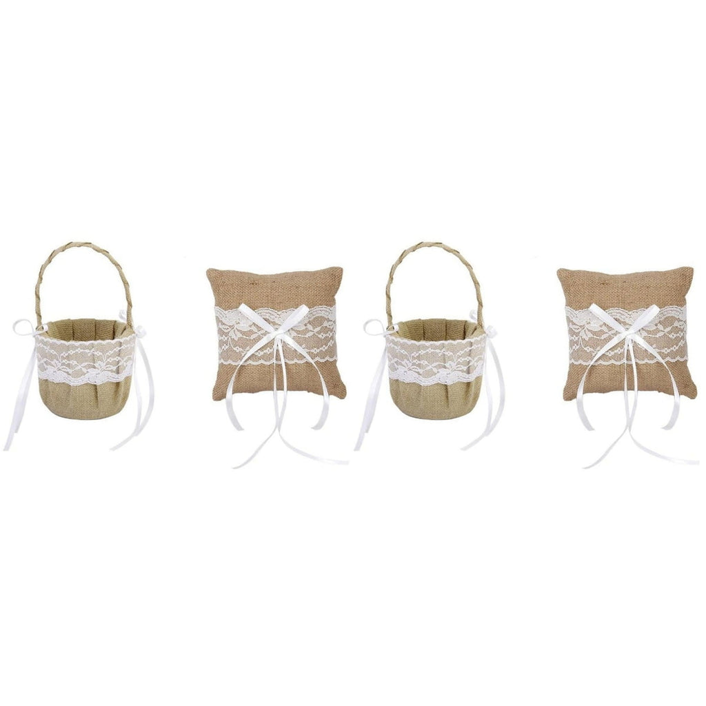 OUNONA 2pcs Set of 6*6'' Generic Burlap Jute & Lace Flower Basket Ring Bearer Pillow Cushion Rustic Country Wedding