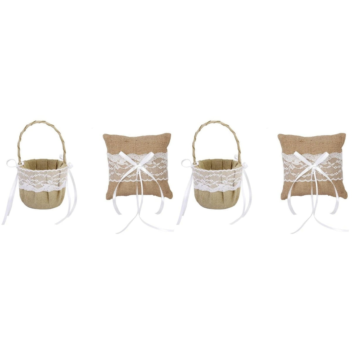 OUNONA 2pcs Set of 6*6'' Generic Burlap Jute & Lace Flower Basket Ring Bearer Pillow Cushion Rustic Country Wedding