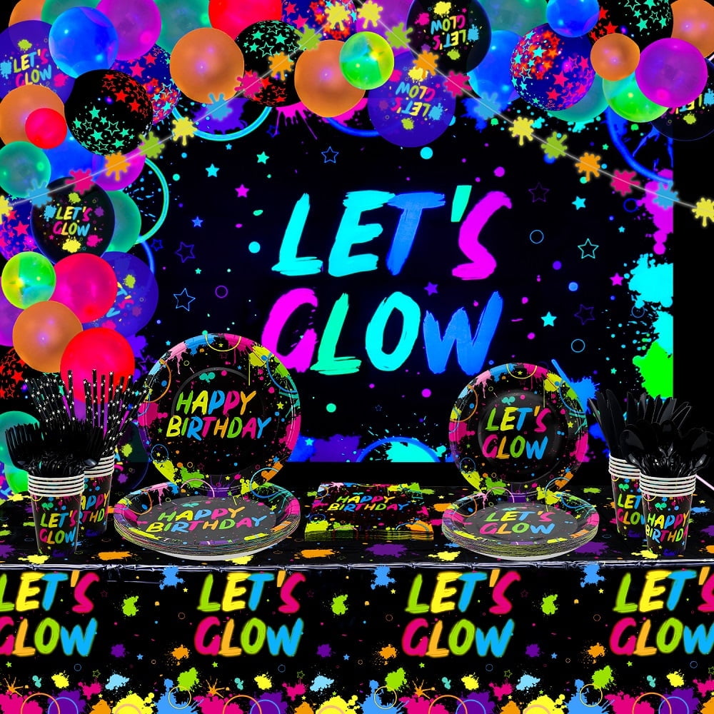 44 Pieces Glow Neon Party Supplies - Neon Balloons, Glow in the Dark LET'S GLOW Backdrop Banner, Garlands, Tablecloth, Plates, Napkins, and Cup for Blacklight Party Decorations, Serve 20 Guests