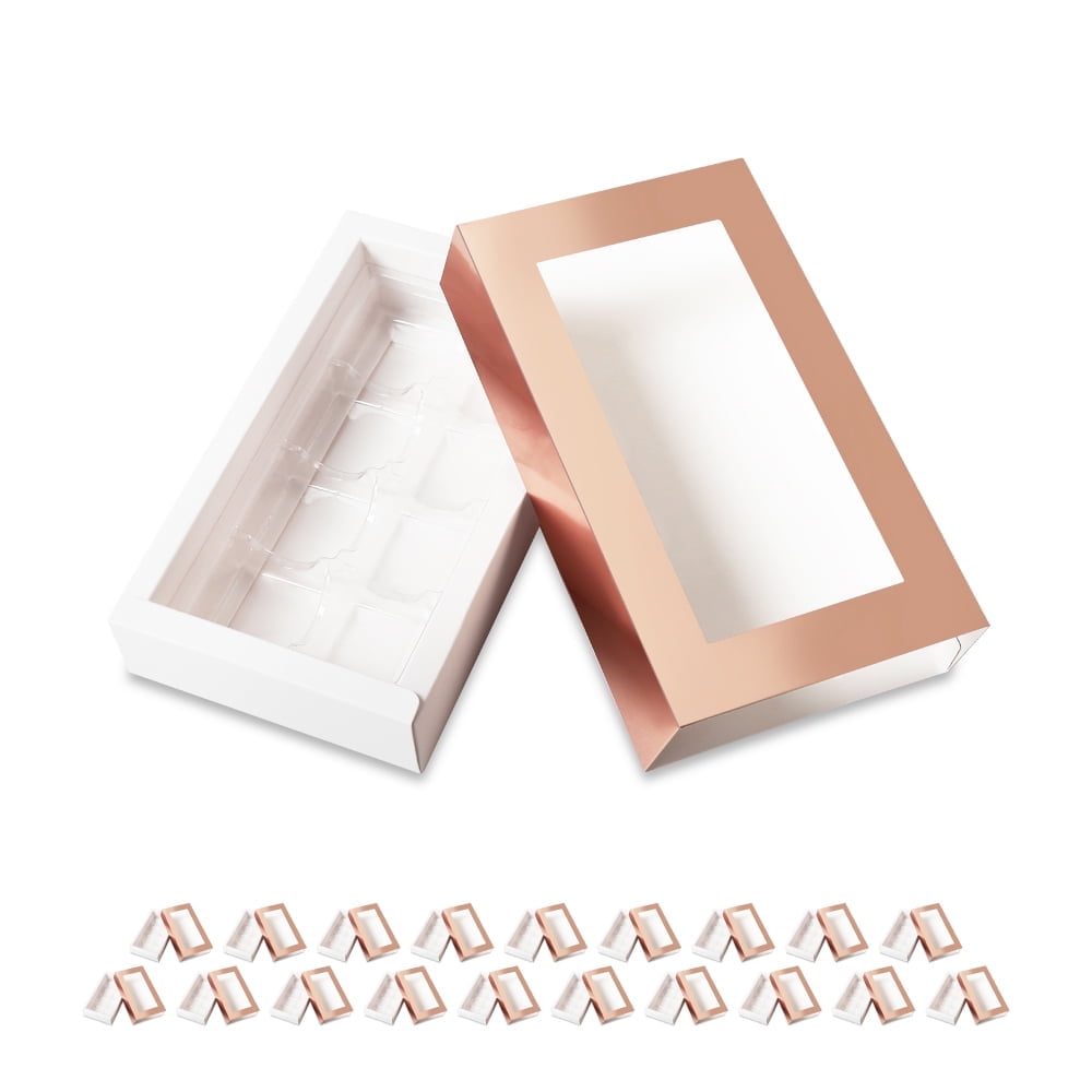 PKGSMART 20 Truffle Box Gold, Chocolate Gift Box Packaging, Candy Boxes with 8-Piece Plastics Tray（Tray Size 5.75x2.75 inches)
