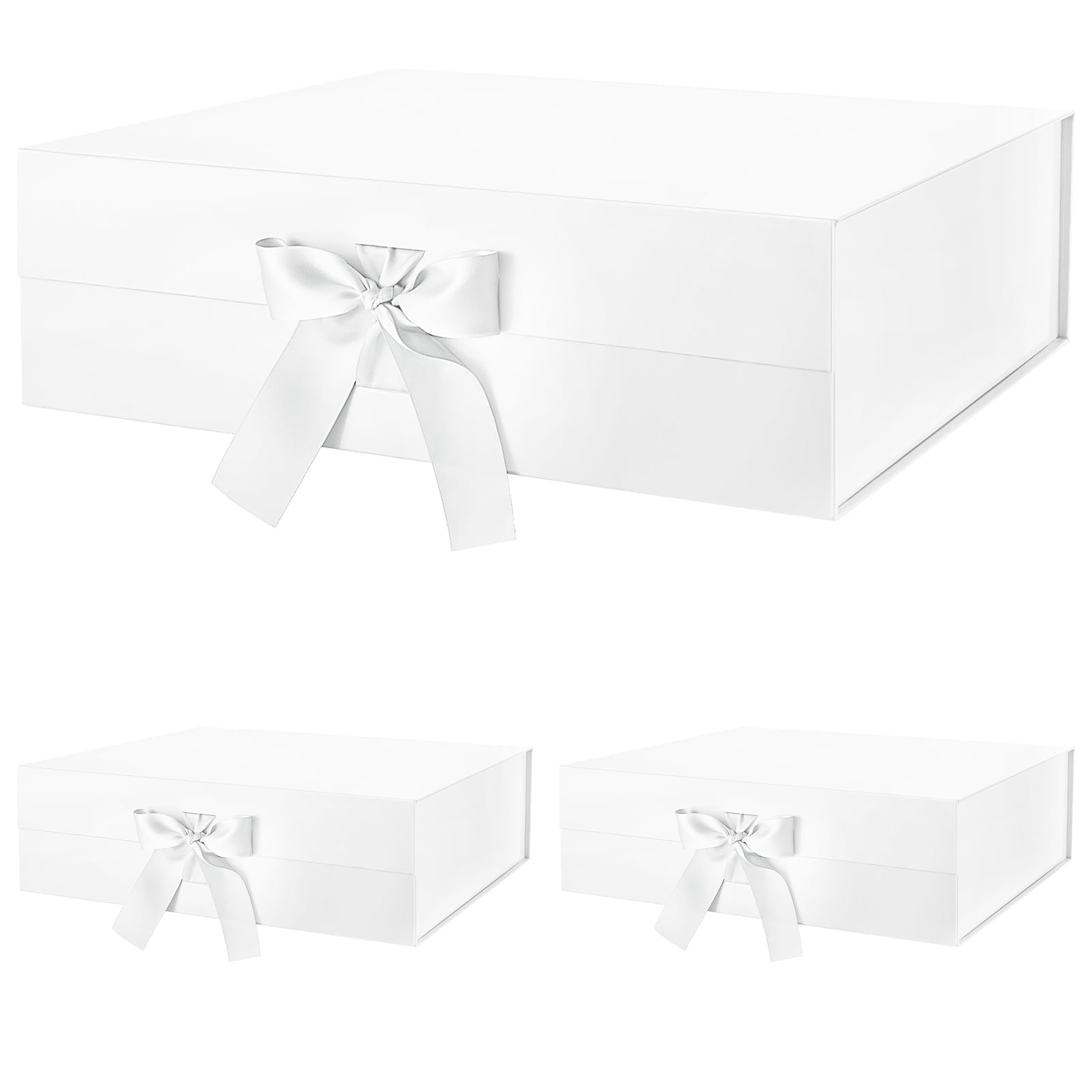 PKGSMART 3 Extra Large White Gift Boxes with Magnetic Lids and Ribbons for Gifts, 16.3x14.2x5 inches