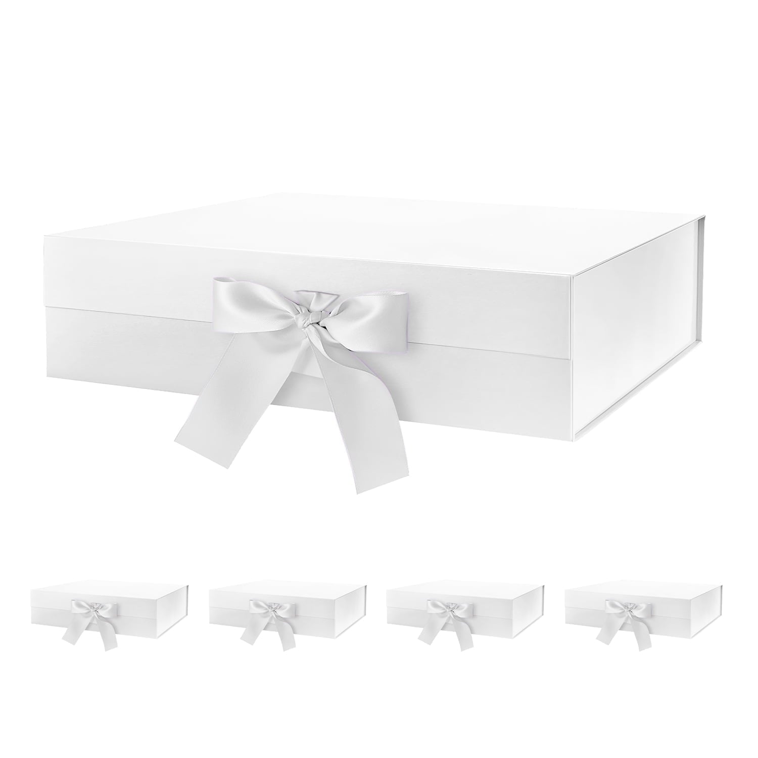 PKGSMART 3 Extra Large White Gift Boxes with Magnetic Lids and Ribbons for Gifts, 16.3x14.2x5 inches