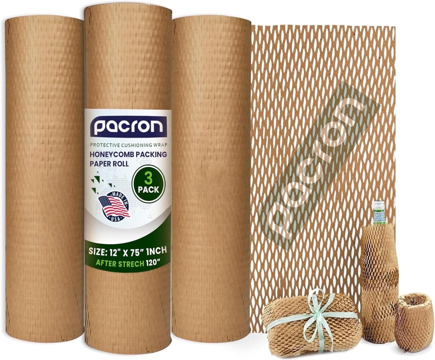 Pacron Recyclable Honeycomb Packing Paper Roll - Brown Kraft Wrapping Paper for Gifts & Products - Eco-Friendly Alternative to Bubble Wrap - Biodegradable & Compostable - Made in USA (20'' x 875'')