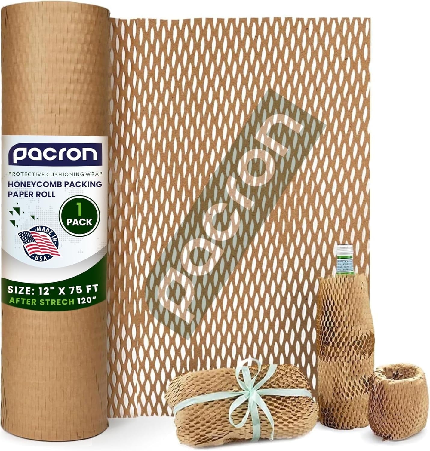 Pacron Recyclable Honeycomb Packing Paper Roll - Brown Kraft Wrapping Paper for Gifts & Products - Eco-Friendly Alternative to Bubble Wrap - Biodegradable & Compostable - Made in USA (20'' x 875'')