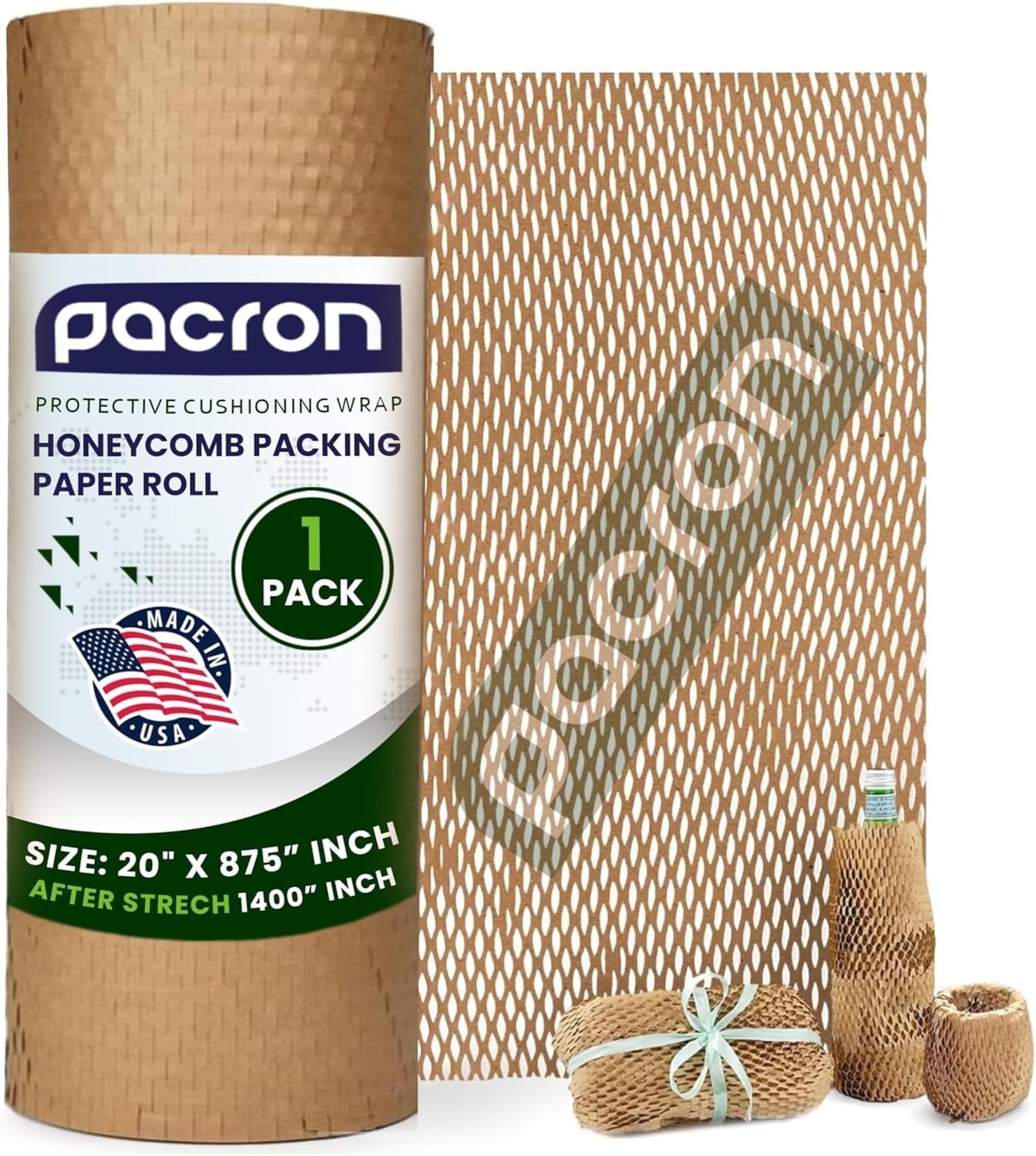 Pacron Recyclable Honeycomb Packing Paper Roll - Brown Kraft Wrapping Paper for Gifts & Products - Eco-Friendly Alternative to Bubble Wrap - Biodegradable & Compostable - Made in USA (20'' x 875'')