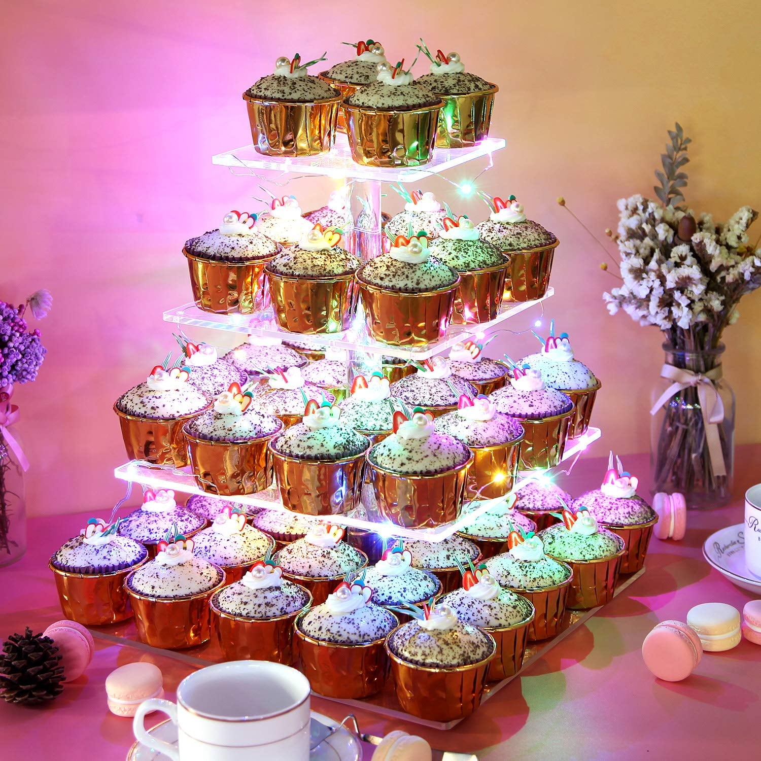 Vdomus 5-Tier Acrylic Cupcake Tower with LED Lights - Cupcake Holder and Display Stand for Weddings, Birthdays, and Parties