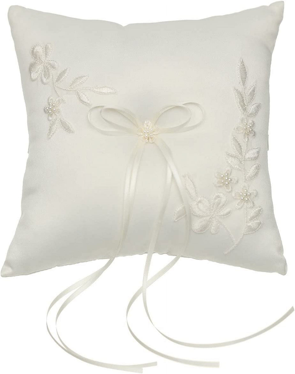 Pearl Embroidered Flower Leaves Wedding Ring Bearer Pillow 7 Inch x 7 Inch - RP010I