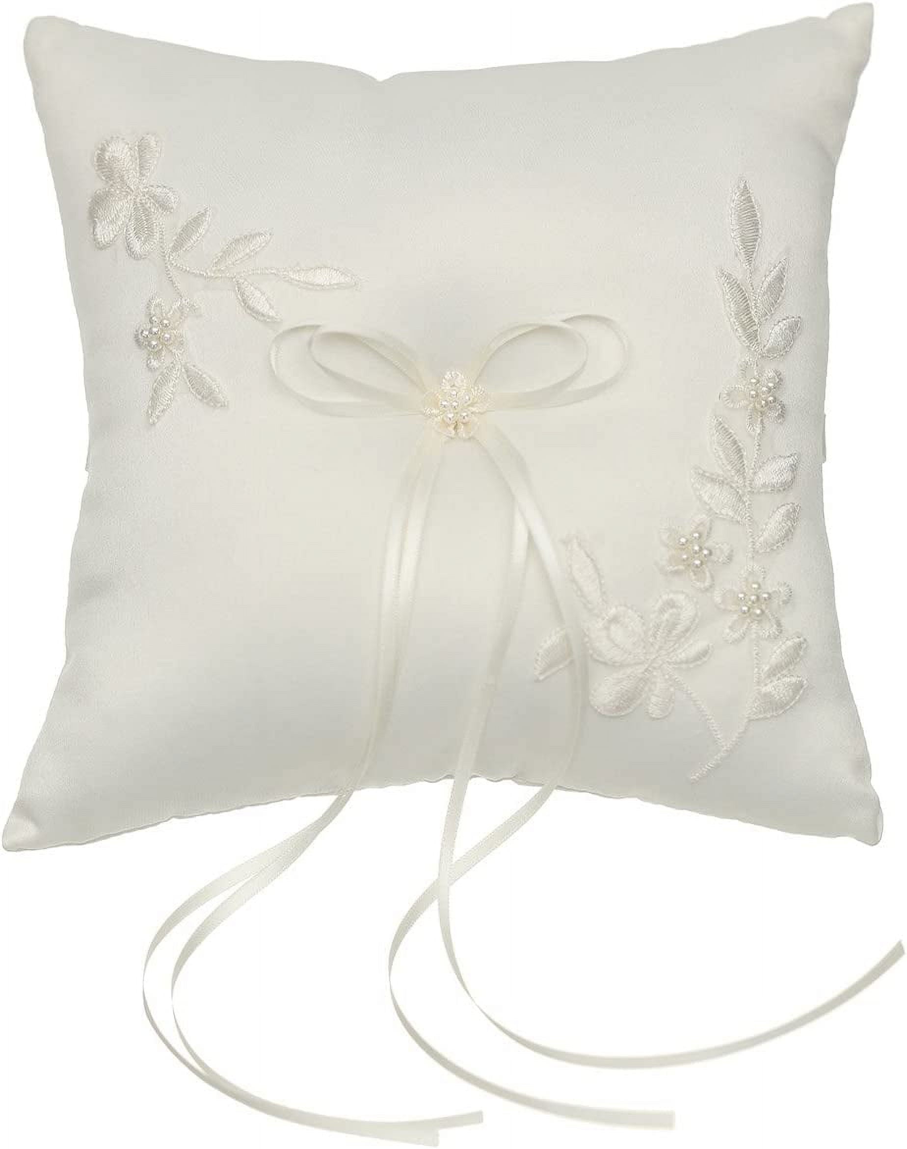 Pearl Embroidered Flower Leaves Wedding Ring Bearer Pillow 7 Inch x 7 Inch - RP010I