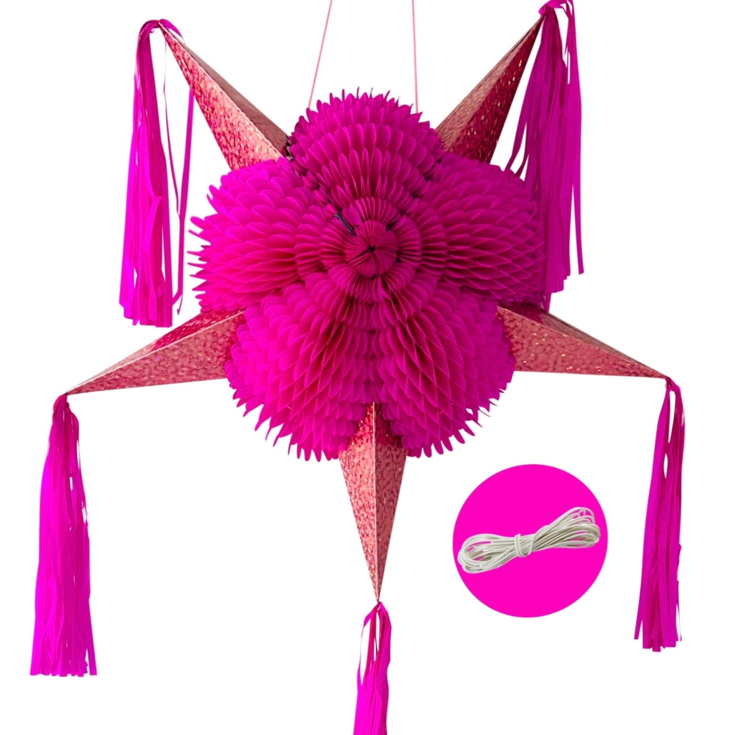 Extra Large 32-Inch Mexican Star Pinata, Rainbow Multicolor with Green Cones, 25ft Rope