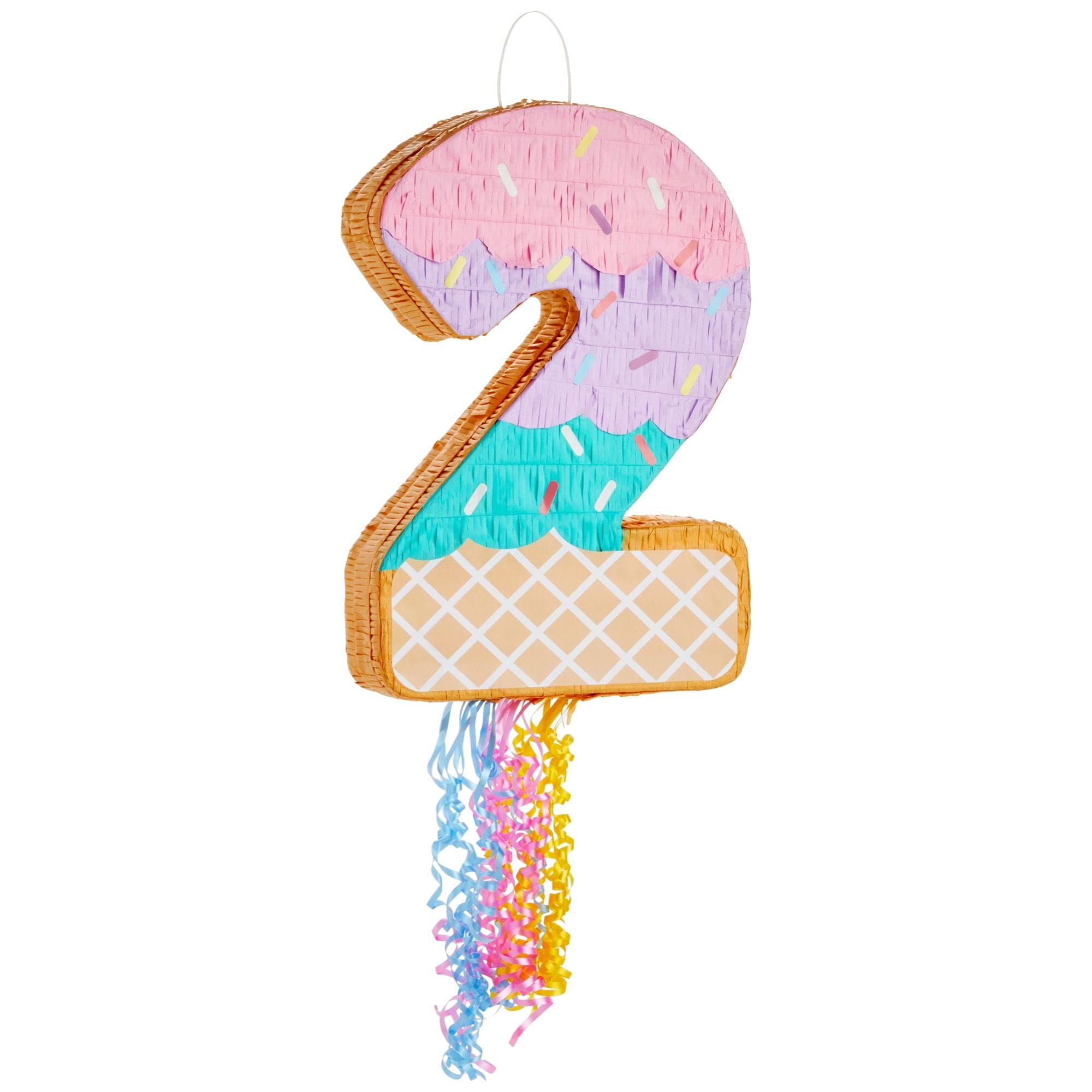 Pull String Number 2 Ice Cream Pinata for Two Sweet Birthday Decorations (16.5 x 11.5 x 3 In), For Ages 3+