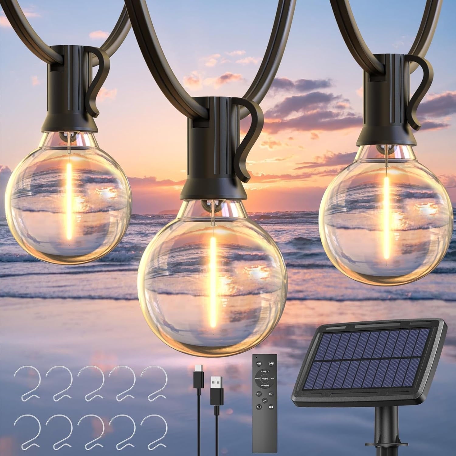 Quntis 111FT Outdoor Solar String Lights with Remote+Timer, 50+2 Bulbs Dimmable Solar String Lights 4 Lighting Modes IP65 Waterproof with USB C Port for Garden Patio Yard Festival Camping