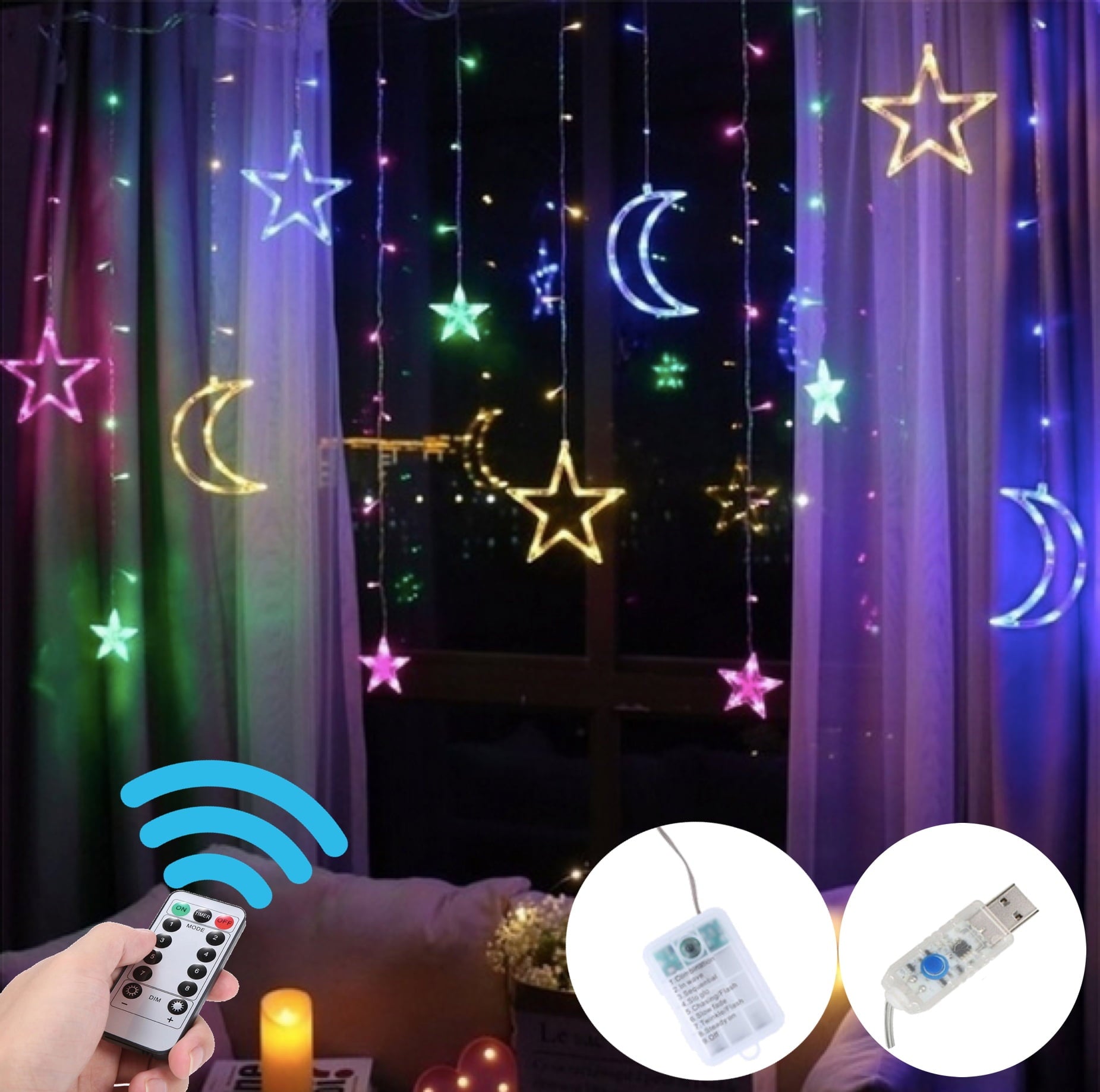 Ramadan Decor 138 LED Curtain Light Moon Star Birthday Office Restaurant decor LED Curtain Style Fairy Lights with USB  Battery and Remote Control 12 Legs of Moon/Star (LED) ~6ft wide