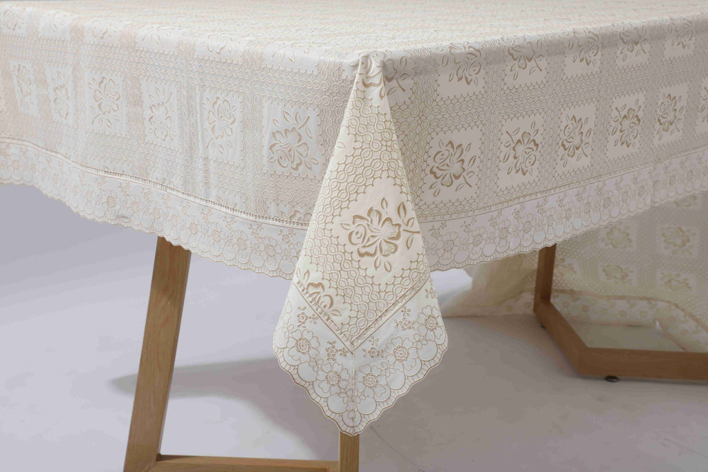 Ray Star 100% Waterproof Lace Tablecloth 52x90in Beige, Vinyl Table Cloth Cover Oil Proof Spill Proof Wipeable Table Cloths for Indoor and Outdoor Use