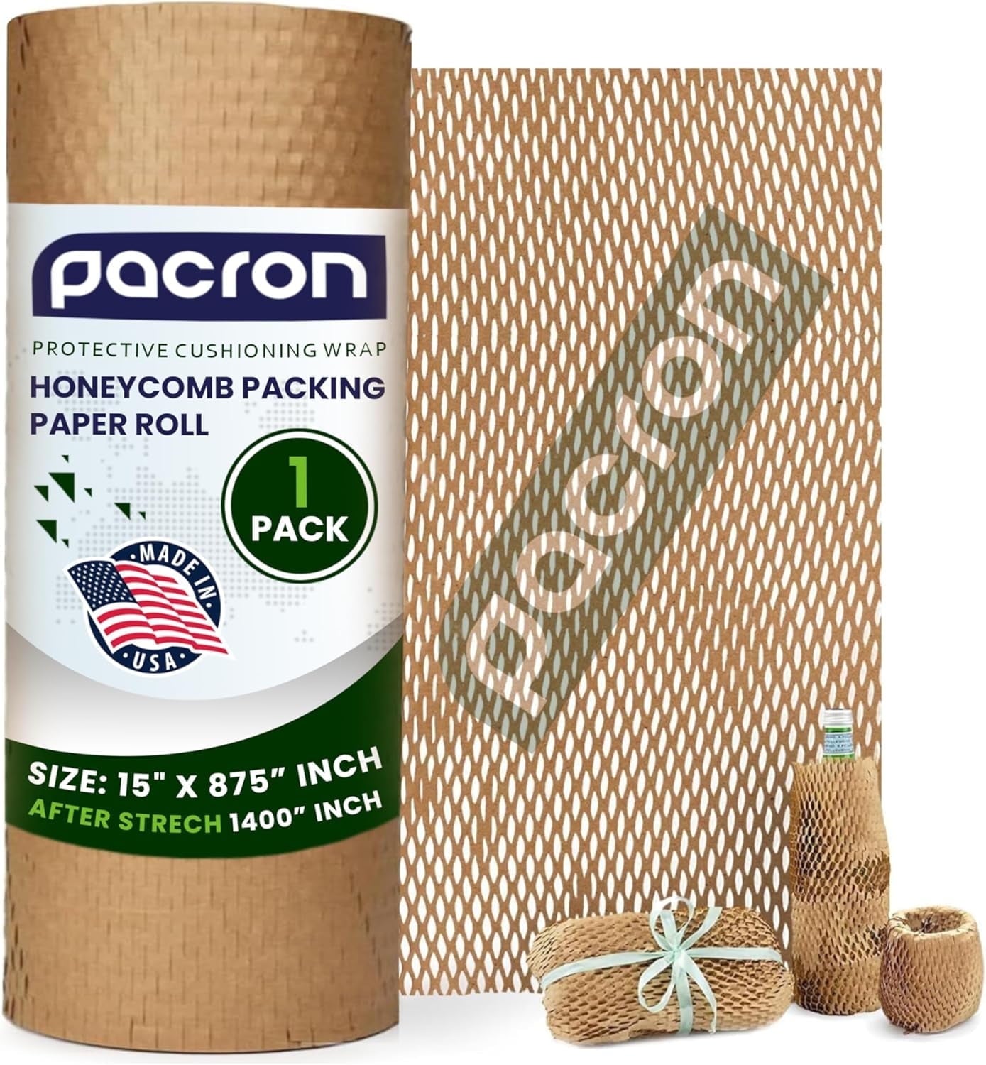 Pacron Recyclable Honeycomb Packing Paper Roll - Brown Kraft Wrapping Paper for Gifts & Products - Eco-Friendly Alternative to Bubble Wrap - Biodegradable & Compostable - Made in USA (20'' x 875'')