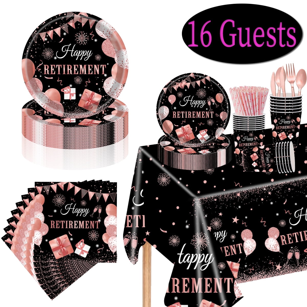 Retirement Paper Plates and Napkins Disposable Dinnerware Retirement Party Supplies Retirement Tableware Set for 16 guests Black Gold