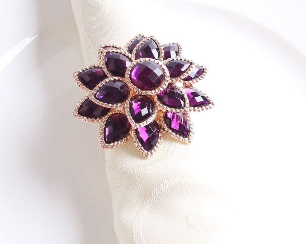 Rhinestone Crystal Flower Napkin Rings Wedding Holiday Table Decoration - Set of 4 (Purple Crystal Flower)