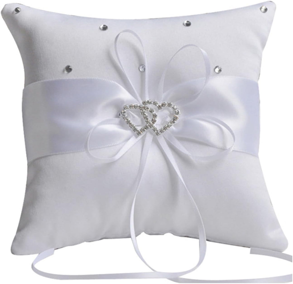 Ring Bearer Pillow, White Satin with Crystal Hearts Ring Cushion, Ring Holder Box, Rhinestone Accents for Beach Wedding Ceremony Proposal Party-7.8 x7.8 '' White Square B-7.8 x7.8 ''
