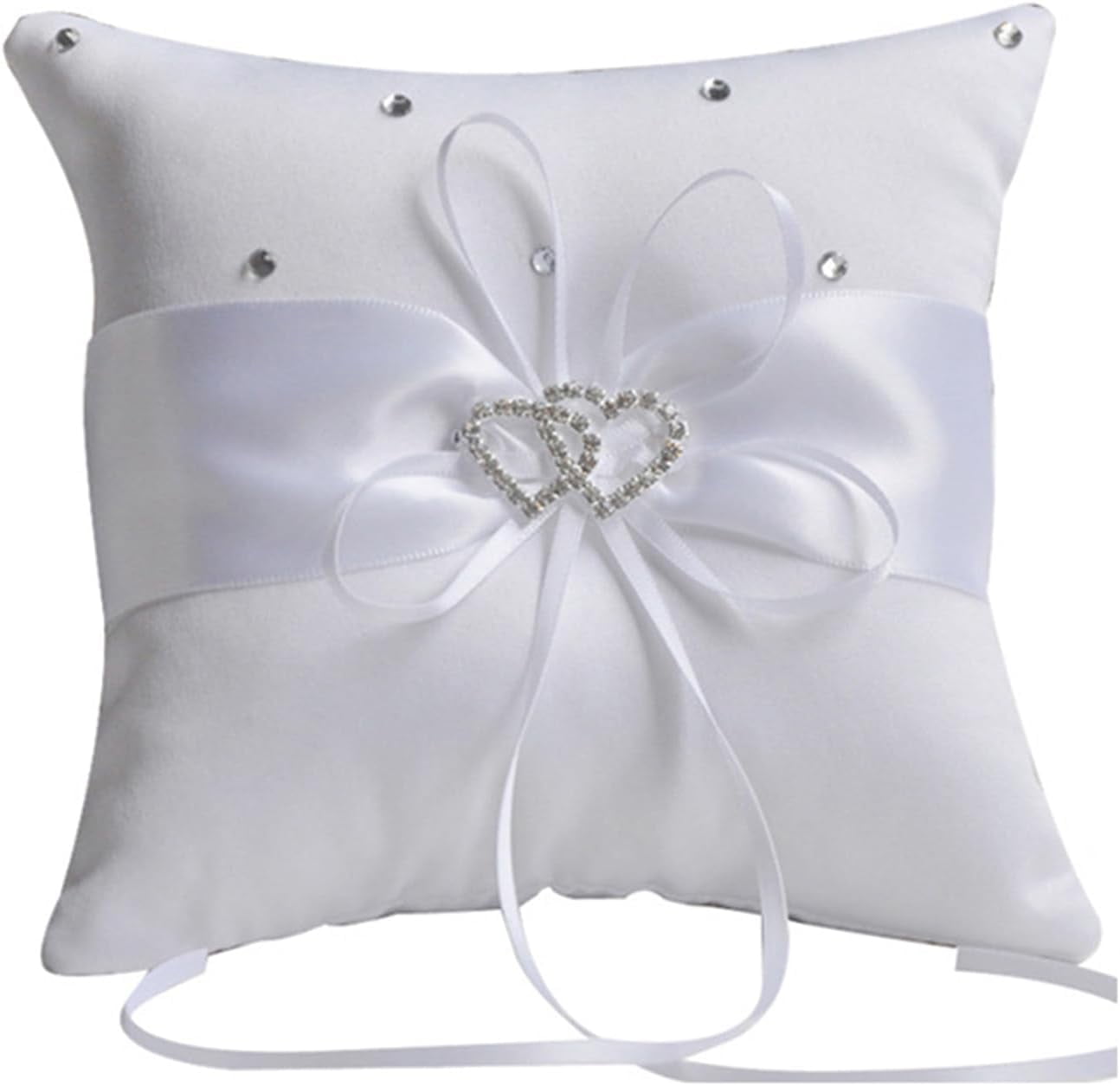 Ring Bearer Pillow, White Satin with Crystal Hearts Ring Cushion, Ring Holder Box, Rhinestone Accents for Beach Wedding Ceremony Proposal Party-7.8 x7.8 '' White Square B-7.8 x7.8 ''