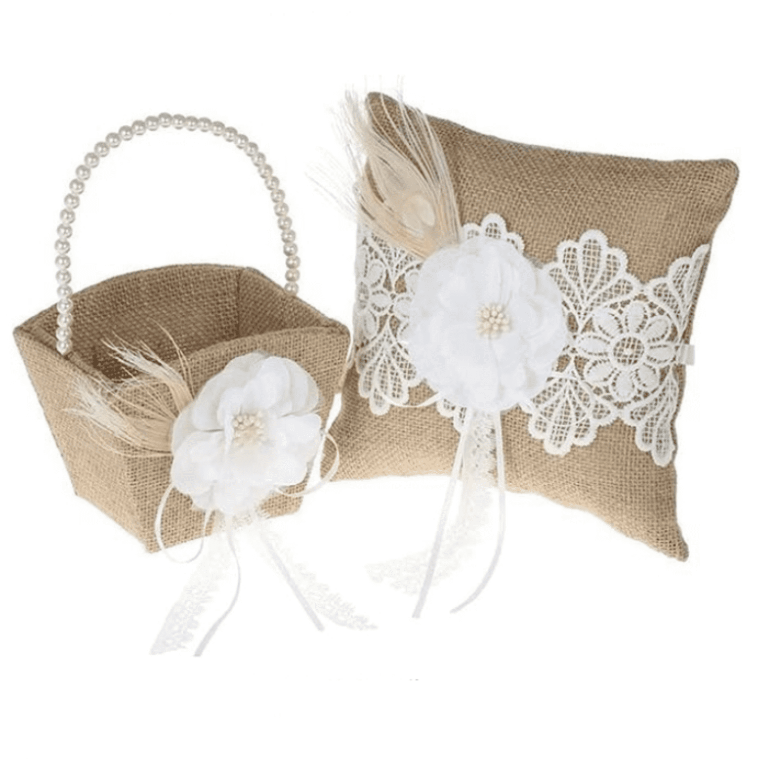 Rustic Burlap Flower Girl Basket, Vintage Wedding Jute Basket with Pearl Double Love Heart Bowknot For Vintage Wedding Ceremony Party D ration (Ring Bearer Pillow Basket)