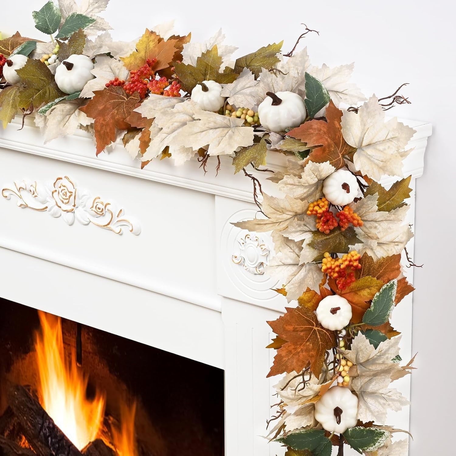 Yastouay 5.9Ft Fall Garland Maple Leaf,Hanging Autumn Fake Vine With Pumpkins And Berries For Fall Thanksgiving Wedding Home Decor