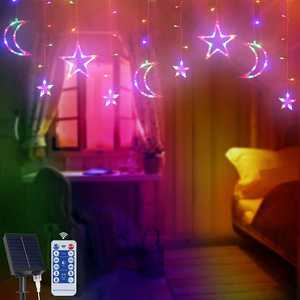 Solar Star Moon String Lights, 11.5 FT 138 LEDs with 8 Lighting Modes and Remote Control, Multicolor