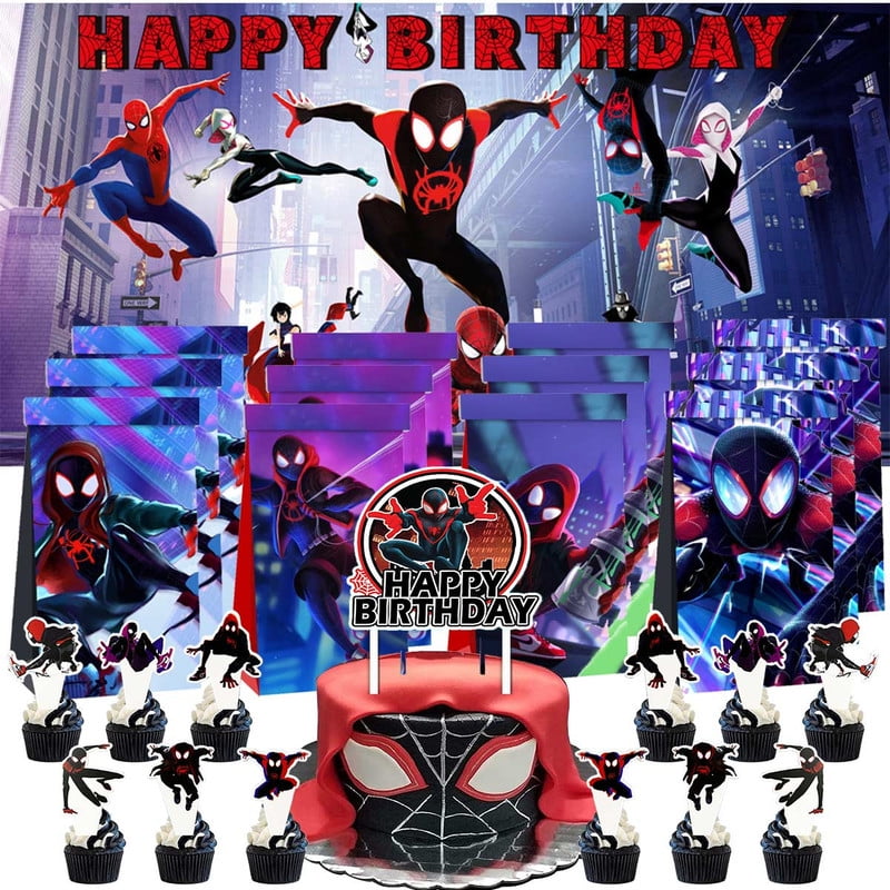 Spider Miles Morals Goodie Bags Treat Candy Decorations Party Favor Supplies Birthday Cake Topper Backdrop Banner