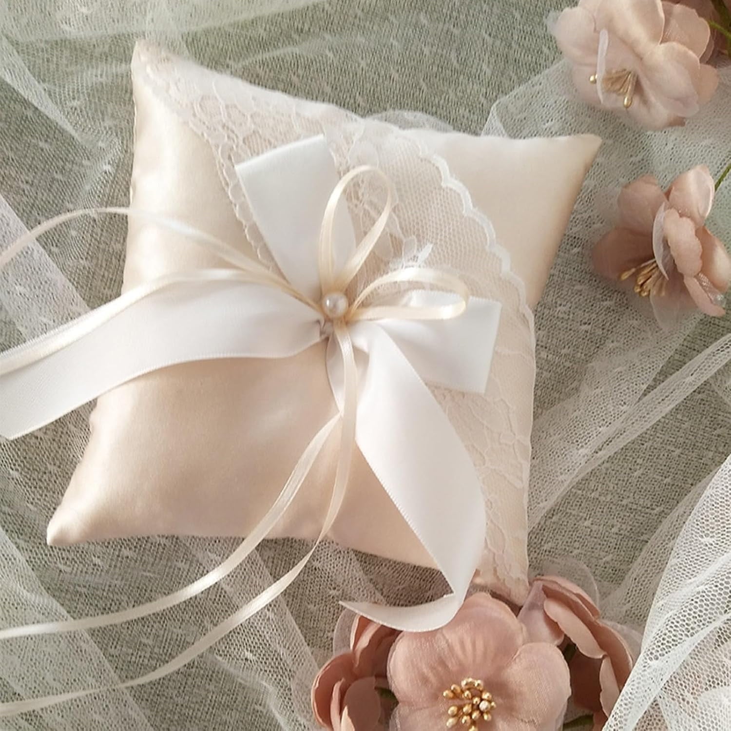 Stain Ring Bearer Pillows Faux Pearl Ribbons Bow Wedding Ring Pillows for Bridal Wedding (Champagne) Champagne 1 Count (Pack of 1)