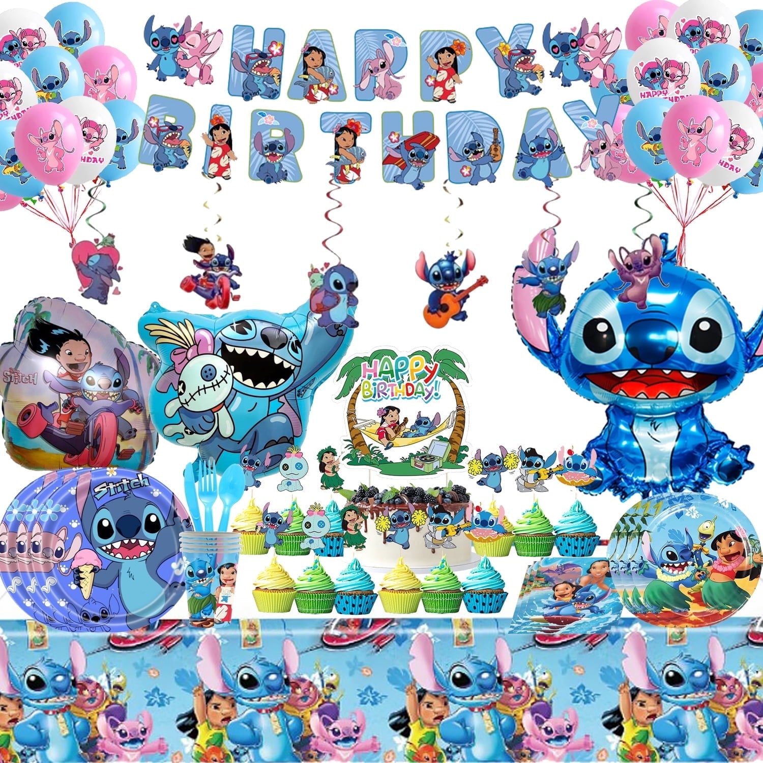 Birthday Party Stitch 189 Pcs Decoration Set - 24 Cake Toppers, 18 Balloons, 1 Happy Birthday Banner, 1 Large Cake Topper, 1 Table Cloth, 18 Latex Ballnoon, 3 Foil Balloons Party Supplies for Fans.