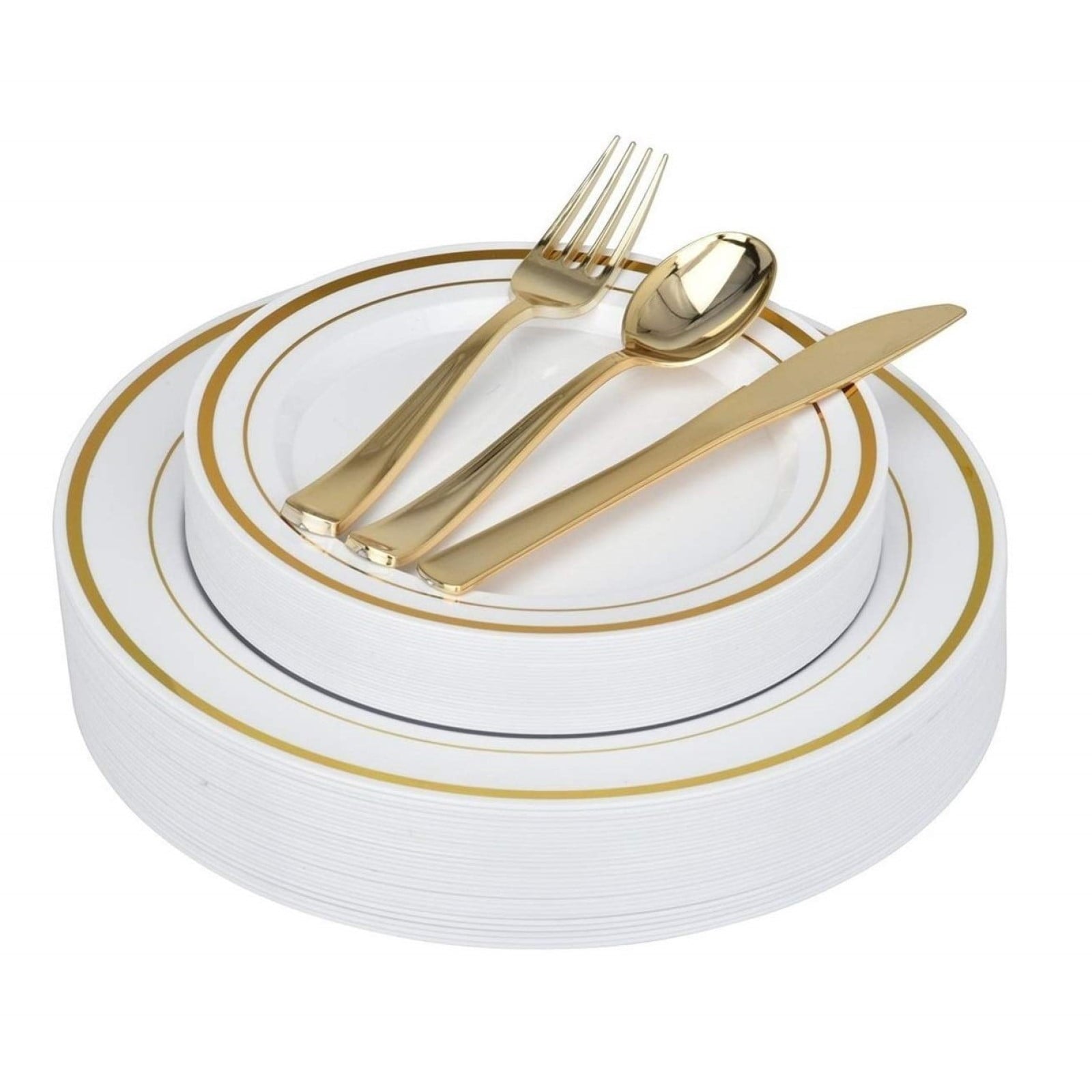 125-Piece White and Gold Fancy Plastic Plates Disposable with Silverware, Elegant Dinnerware for Weddings, Holiday Party China, Set of 25 Dinner + Salad Plates, 25 Spoons, 25 Forks, 25 Knives