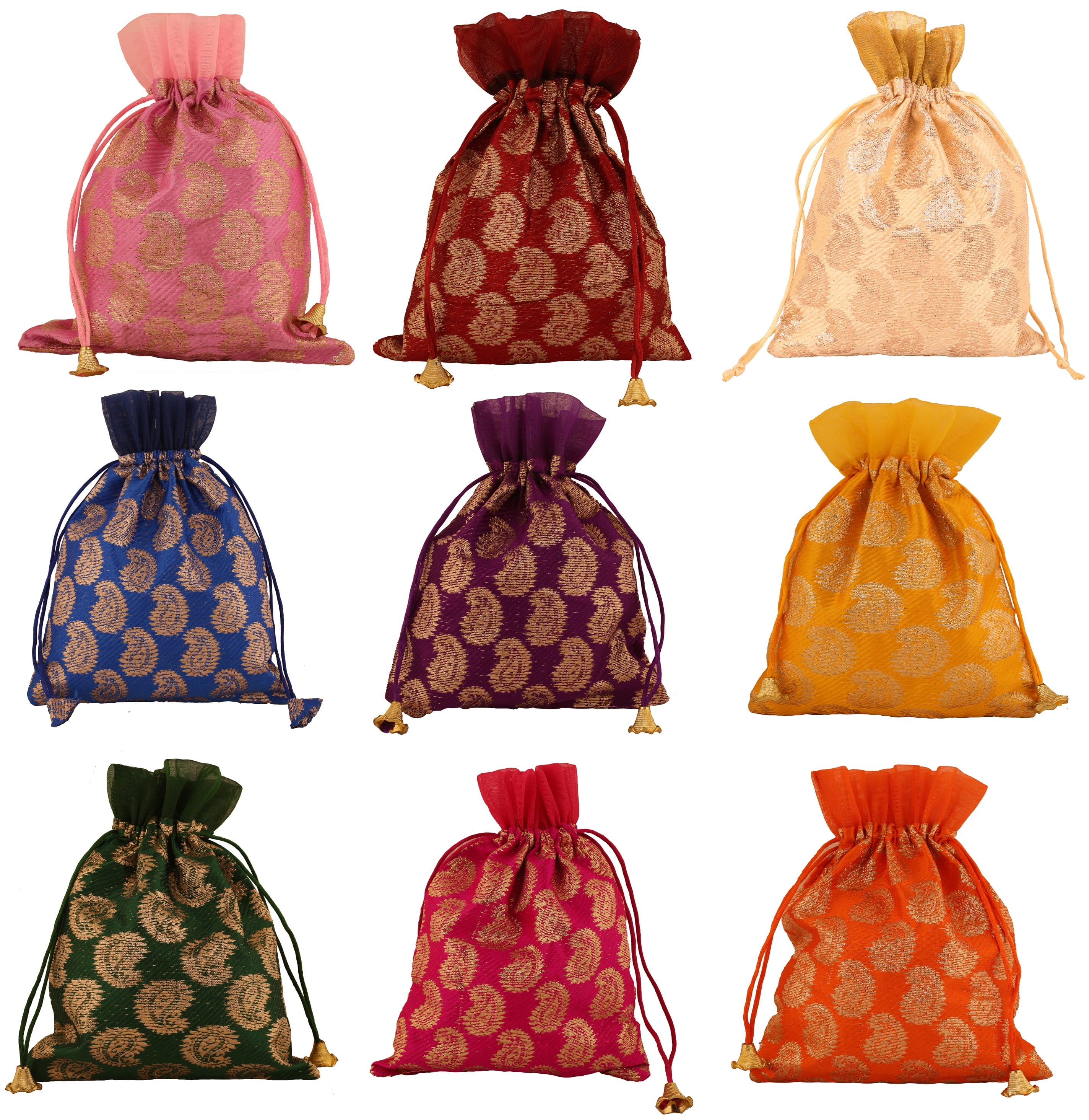 Sunsoul by Touchstone New Gorgeous Indian Traditional Paisley Brocade Large Drawstring Bags Pouches Potli For Gift Wedding Jewelry Packaging Bridal Party Favors Assorted Colors Set Of 20 For Women.