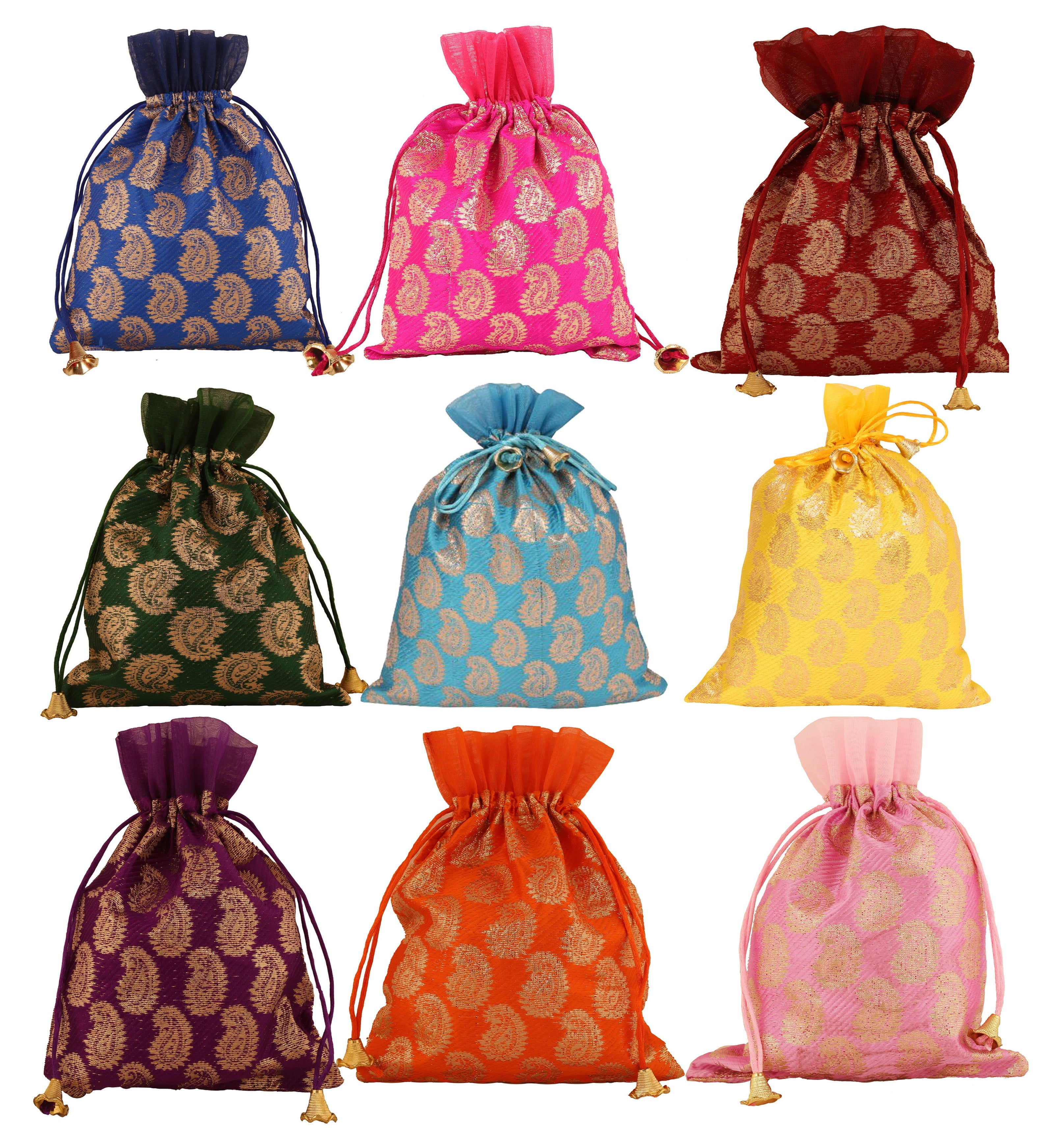 Sunsoul by Touchstone New Gorgeous Indian Traditional Paisley Brocade Large Drawstring Bags Pouches Potli For Gift Wedding Jewelry Packaging Bridal Party Favors Assorted Colors Set Of 20 For Women.