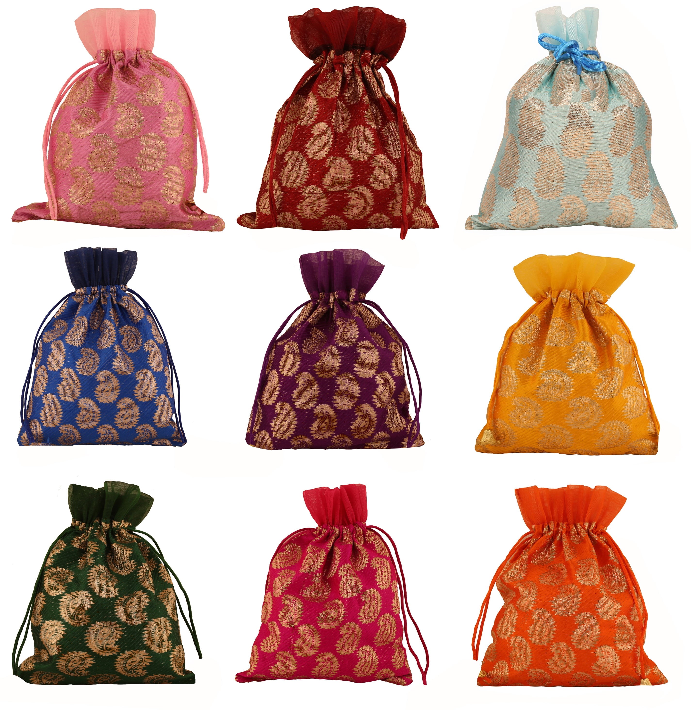 Sunsoul by Touchstone New Gorgeous Indian Traditional Paisley Brocade Large Drawstring Bags Pouches Potli For Gift Wedding Jewelry Packaging Bridal Party Favors Assorted Colors Set Of 20 For Women.