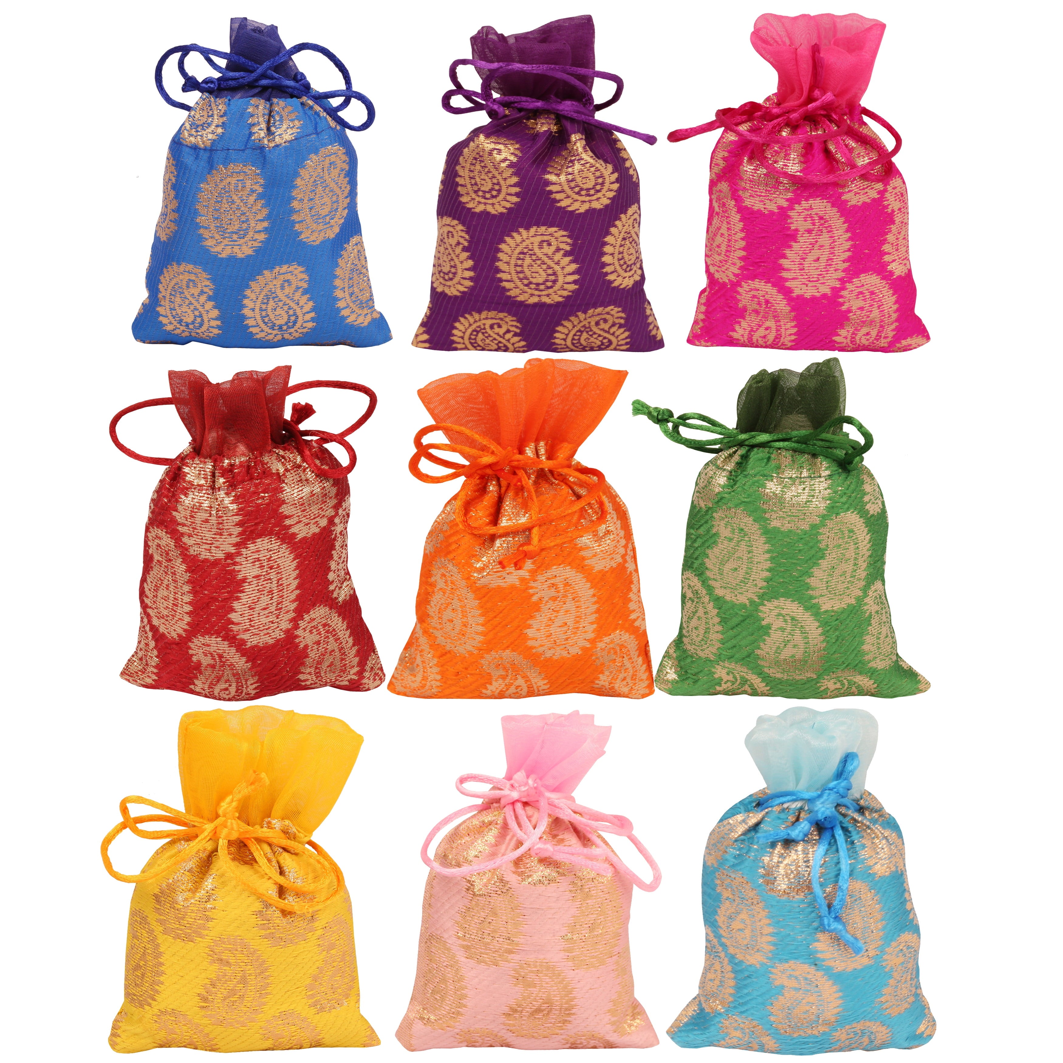 Sunsoul by Touchstone New Gorgeous Indian Traditional Paisley Brocade Large Drawstring Bags Pouches Potli For Gift Wedding Jewelry Packaging Bridal Party Favors Assorted Colors Set Of 20 For Women.